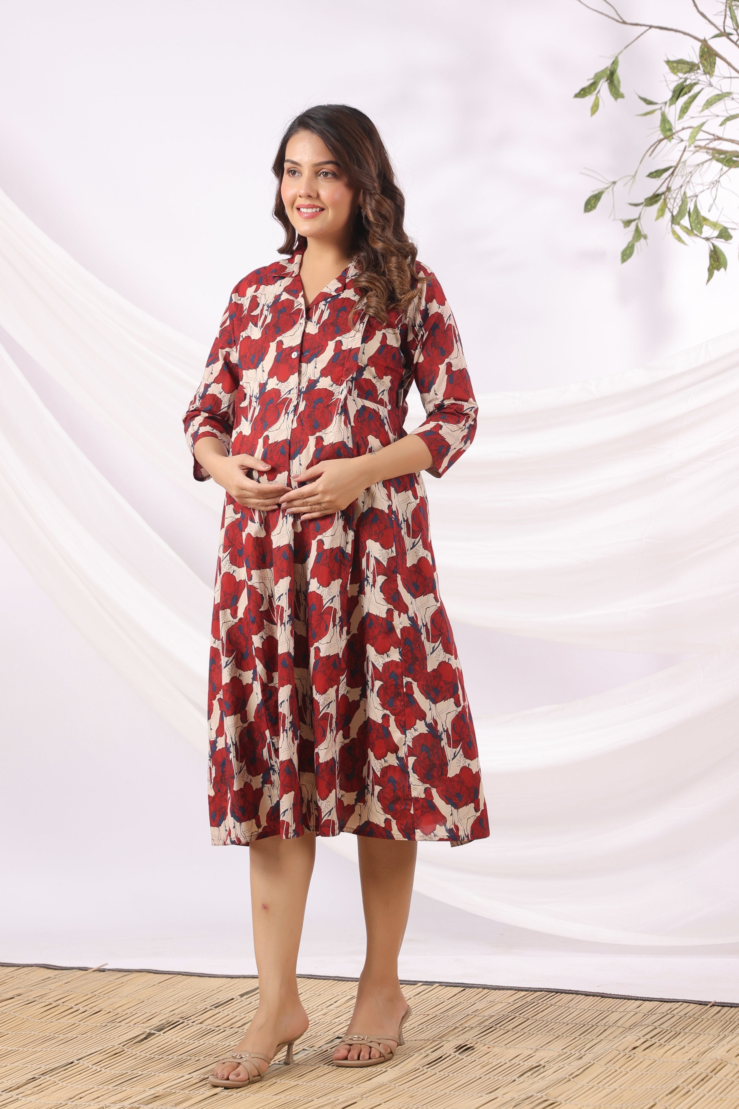 Red Blossom Wave Cotton Maternity - Nursing Dress