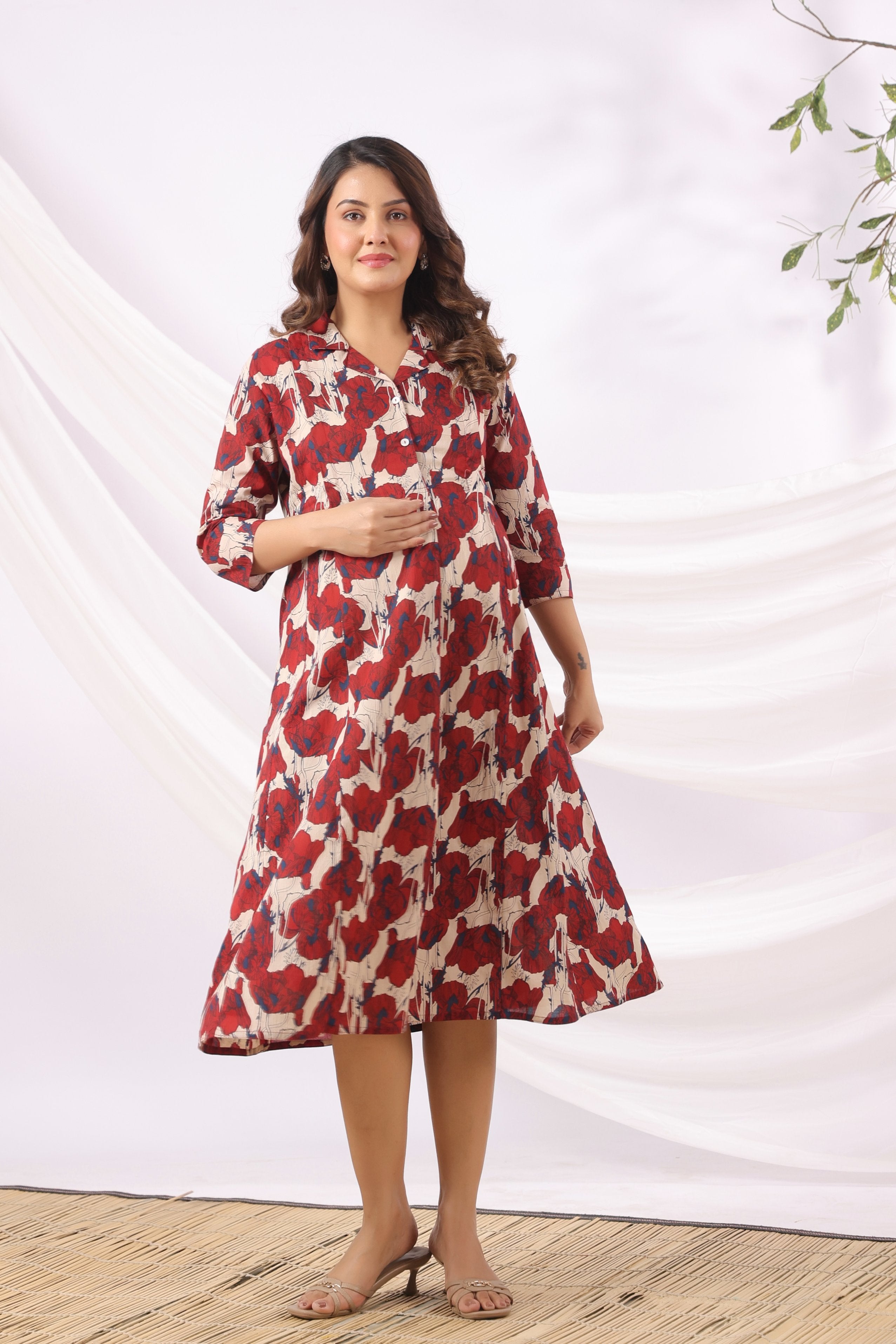 Red Blossom Wave Cotton Maternity - Nursing Dress