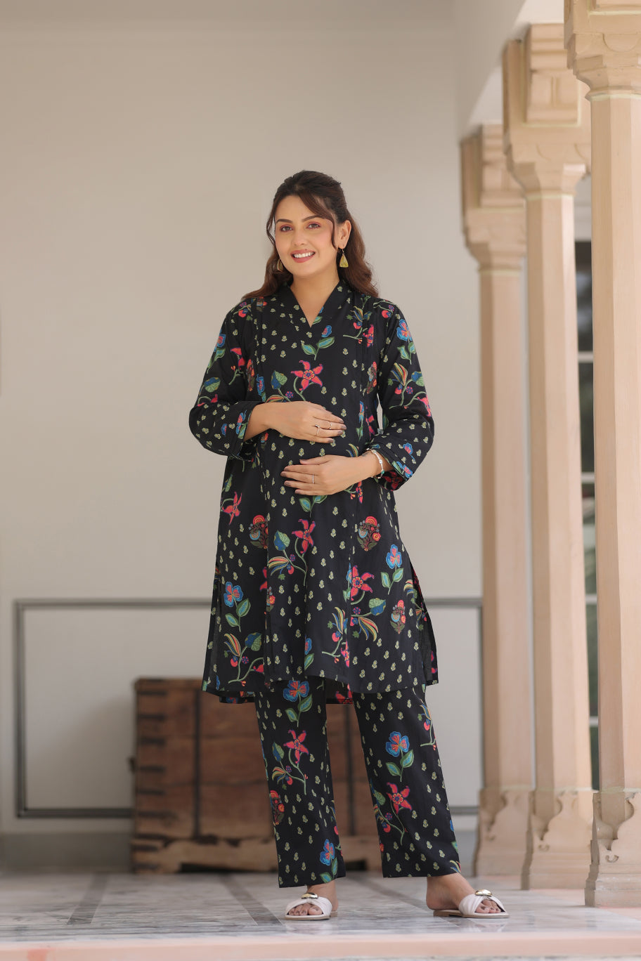 Wildflower Noir Cotton Maternity - Nursing Co-ord Set