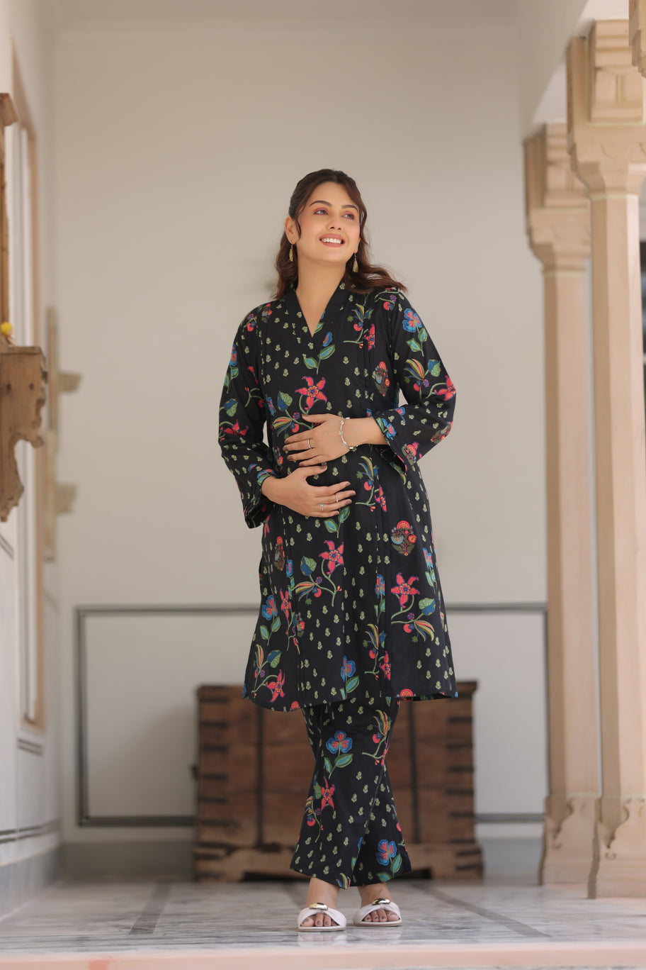 Wildflower Noir Cotton Maternity - Nursing Co-ord Set
