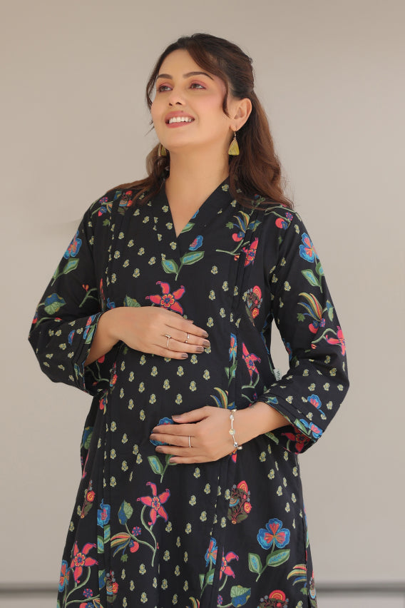 Wildflower Noir Cotton Maternity - Nursing Co-ord Set