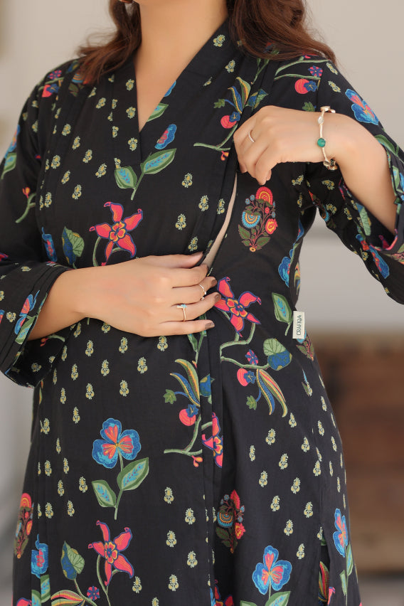 Wildflower Noir Cotton Maternity - Nursing Co-ord Set