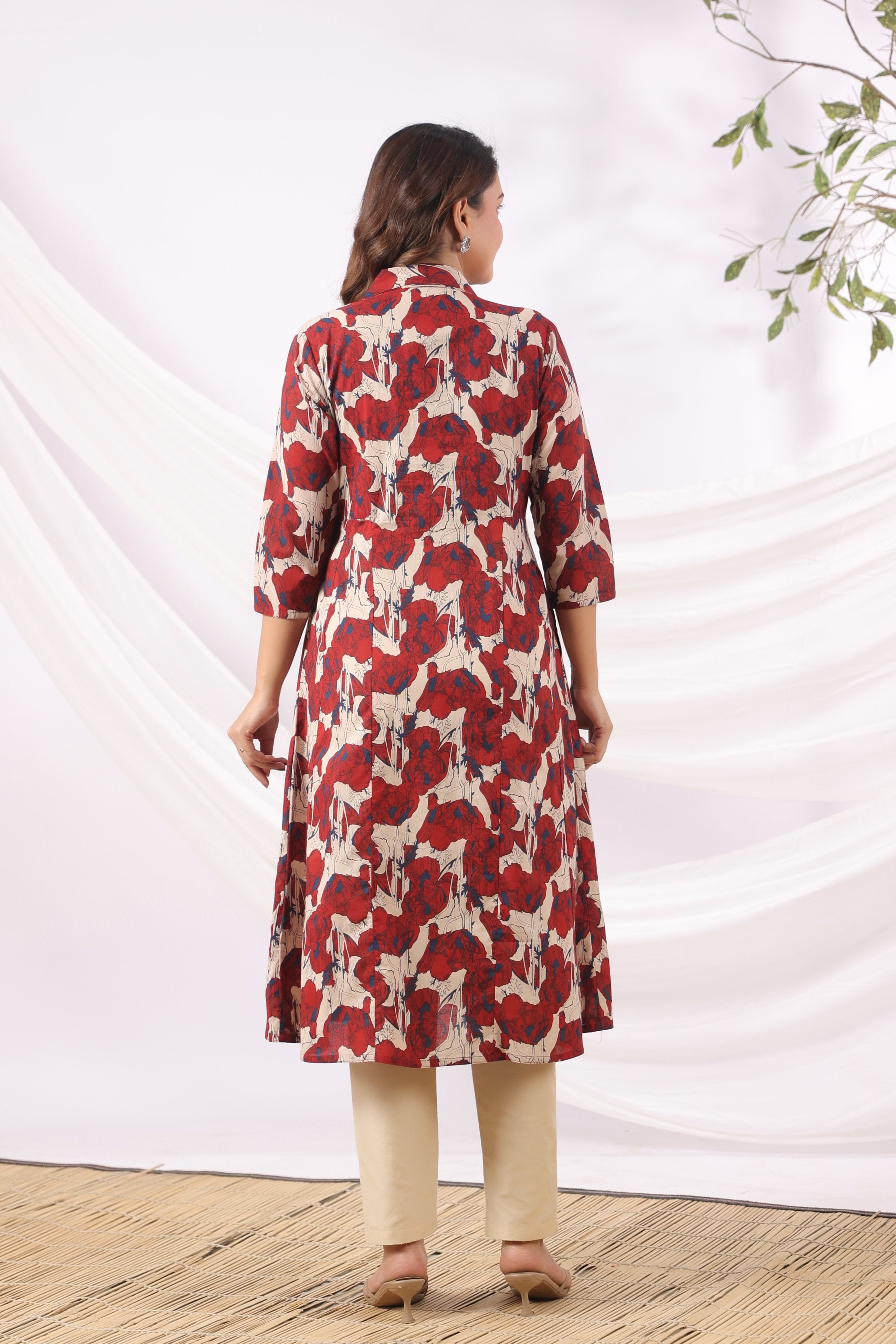 Red Blossom Wave Cotton Maternity - Nursing Kurta