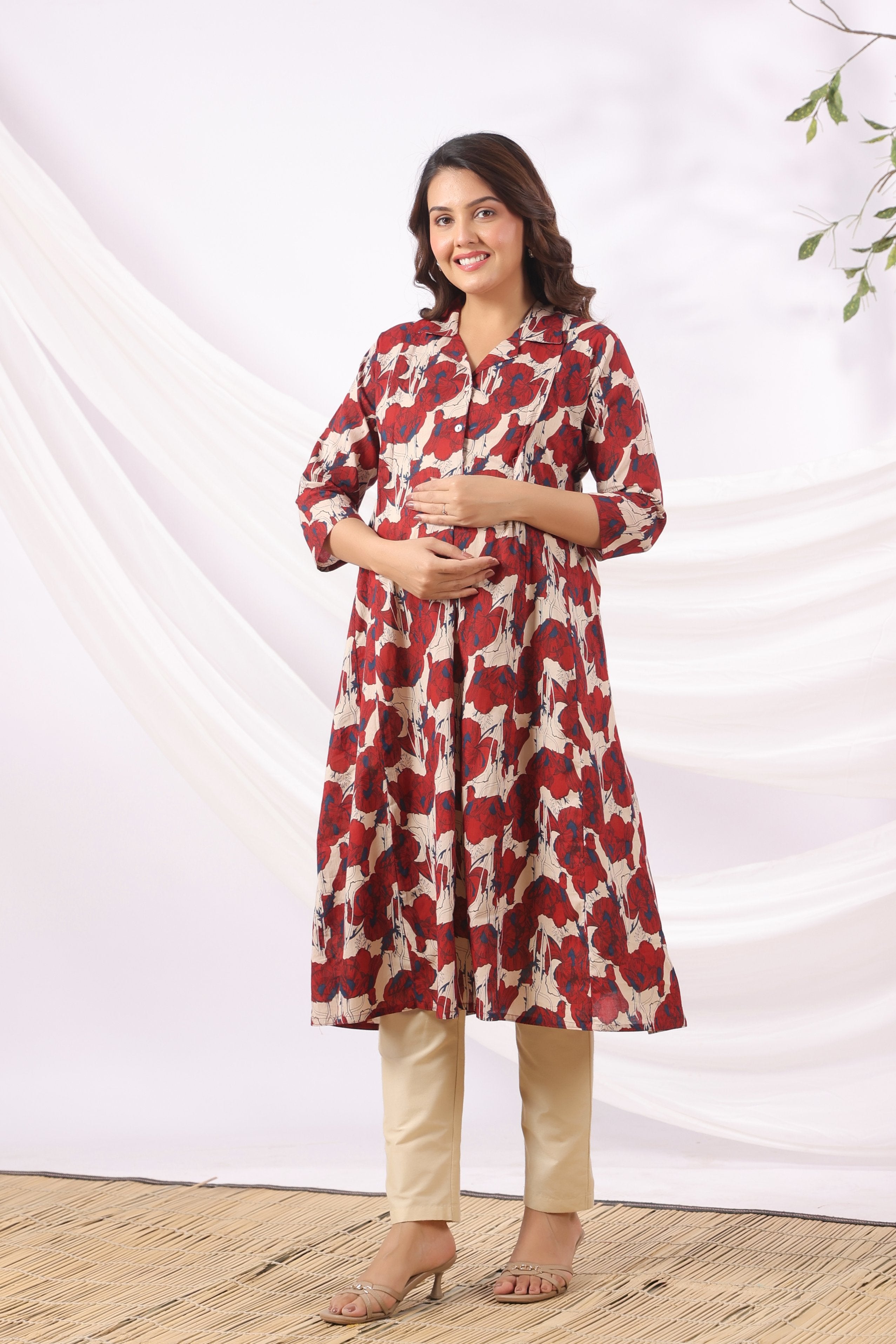 Red Blossom Wave Cotton Maternity - Nursing Kurta