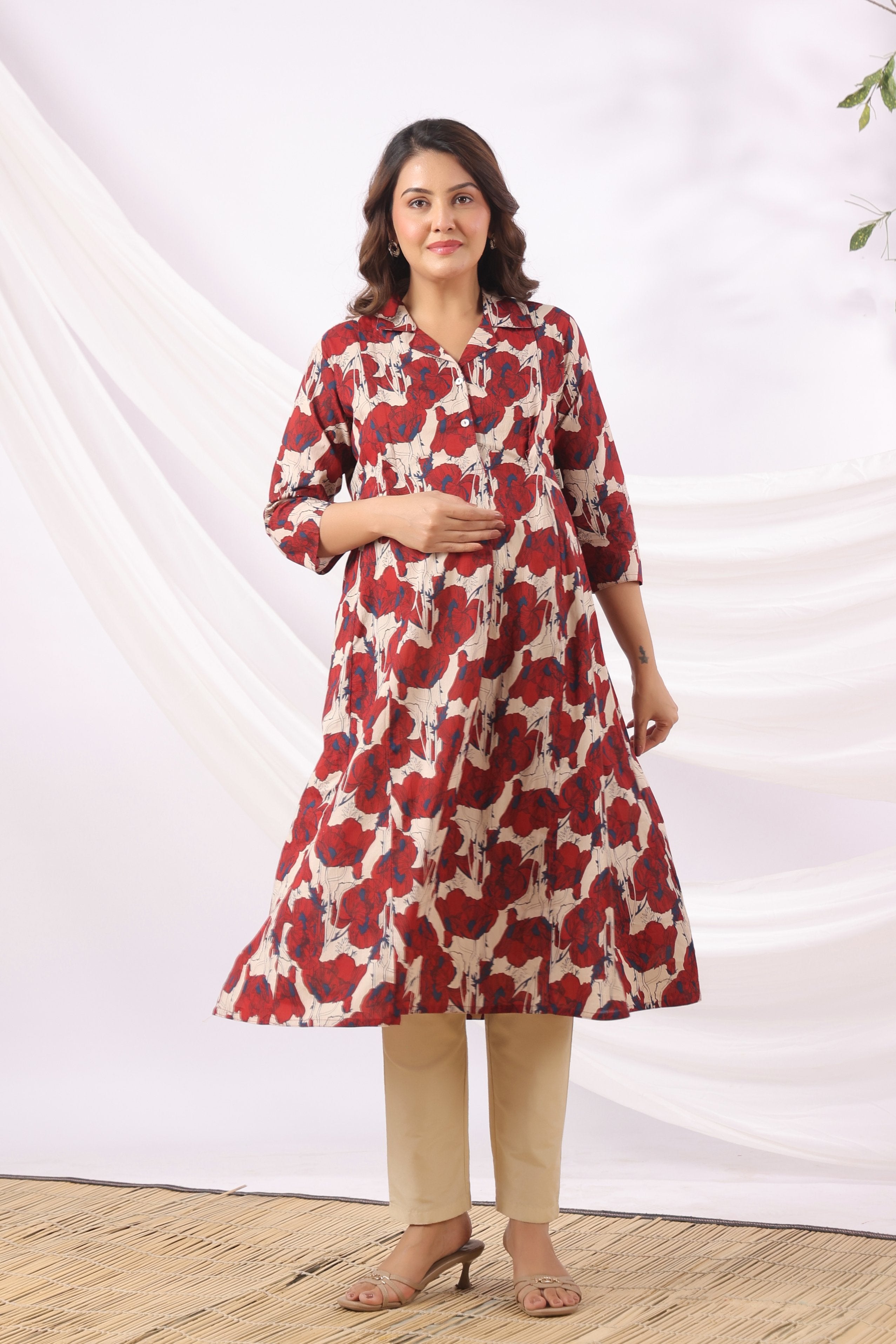 Red Blossom Wave Cotton Maternity - Nursing Kurta