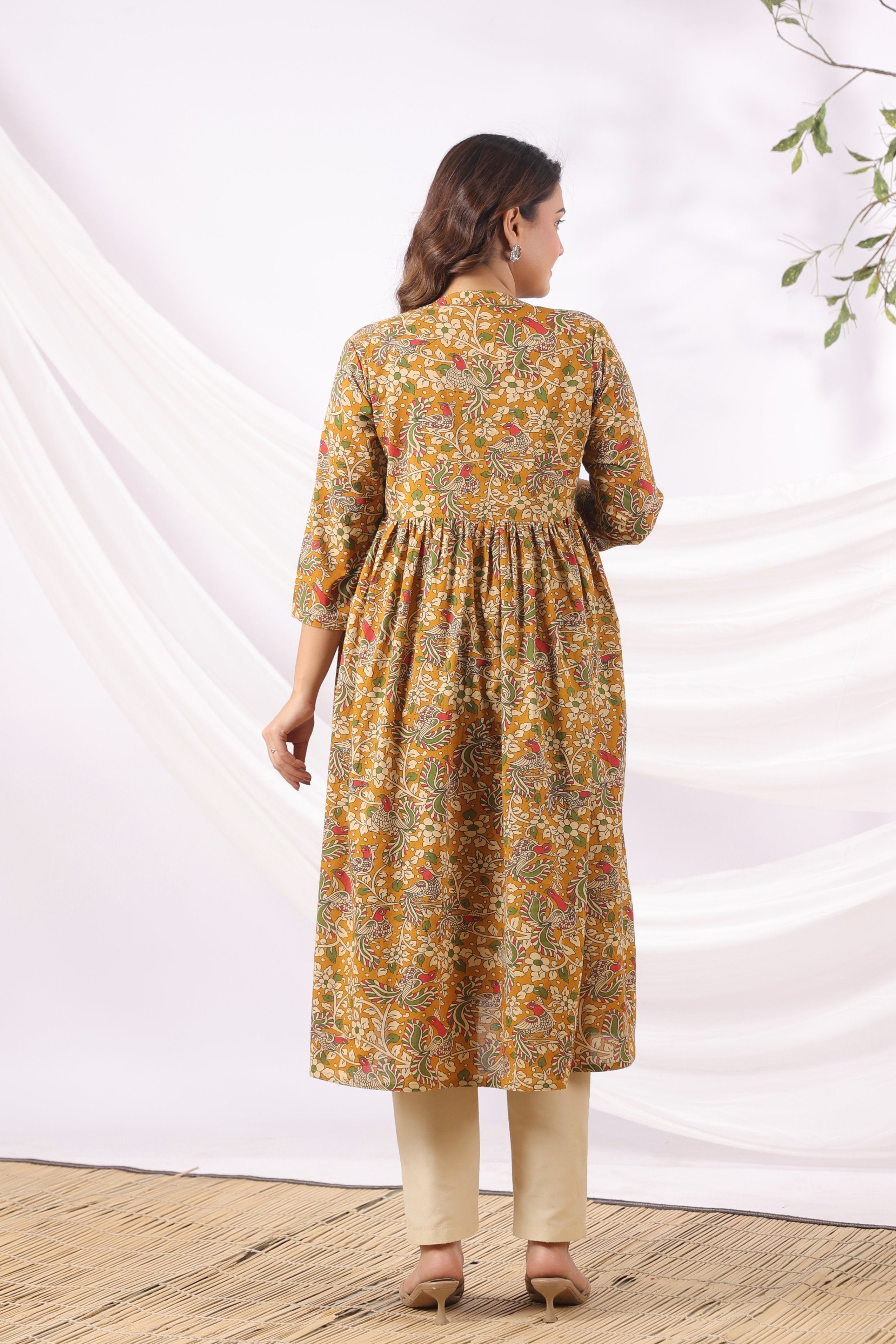 Mustard Kalamkari Bird Paradise Cotton Maternity - Nursing Kurta
