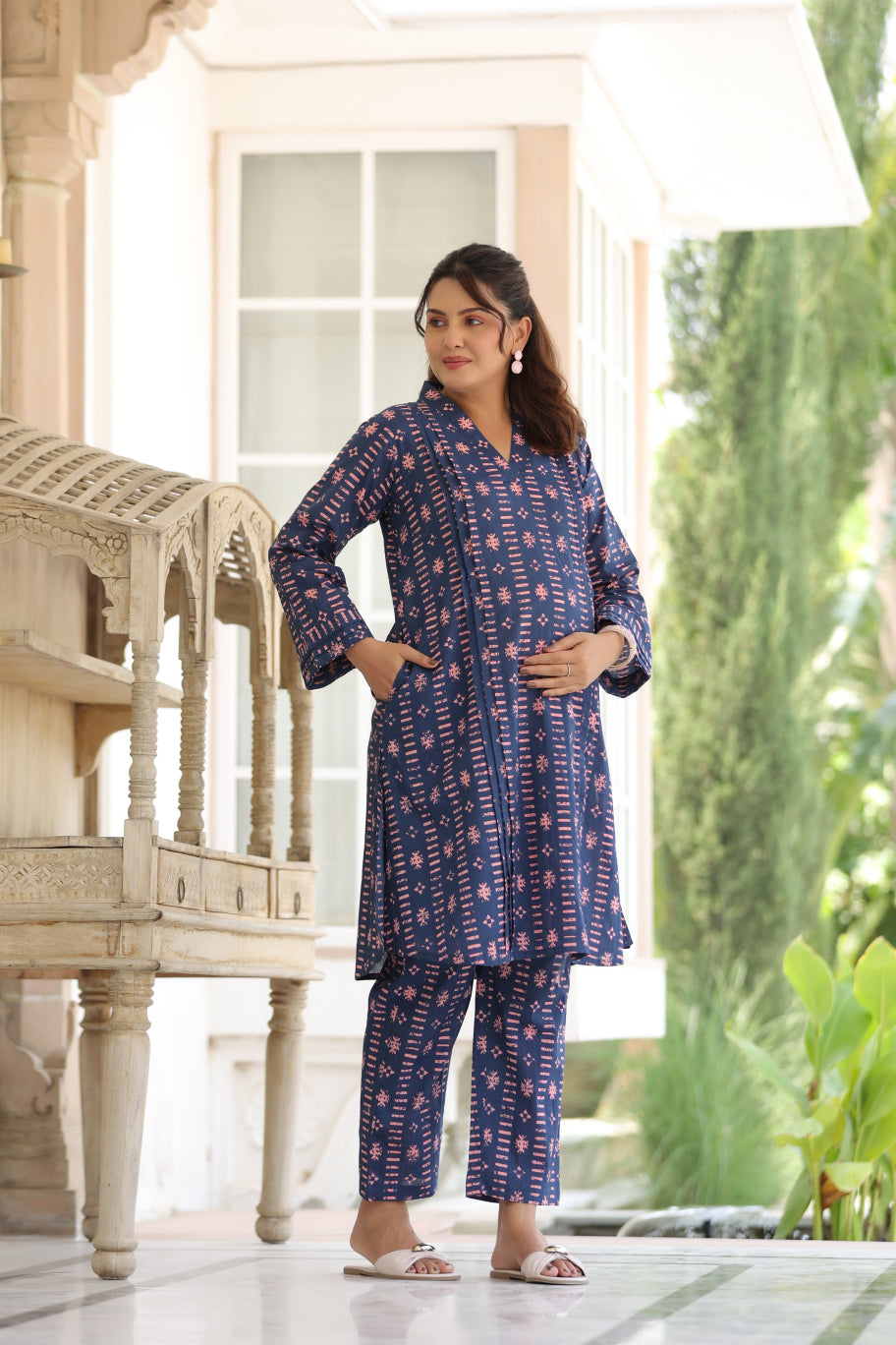 Indigo Art Marks Cotton Maternity - Nursing Co-ord Set