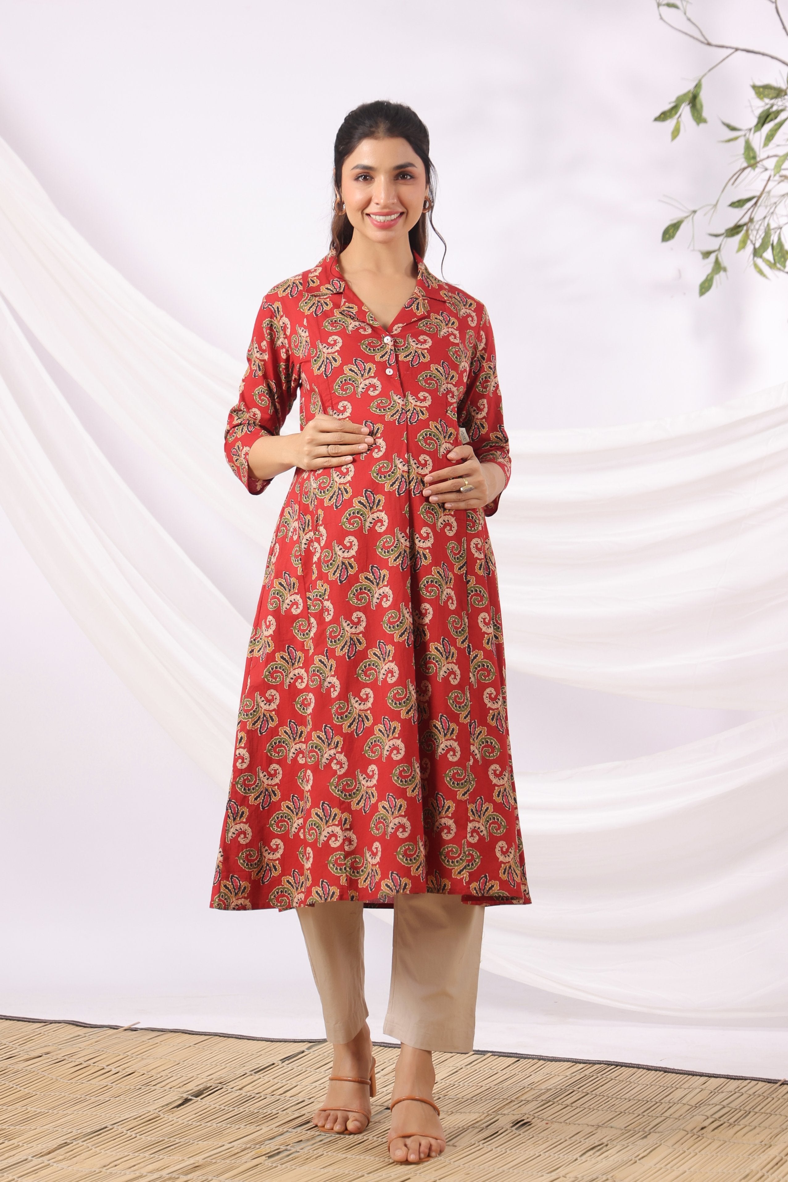 Rajasthani Leaf Motif Cotton Maternity - Nursing Kurta