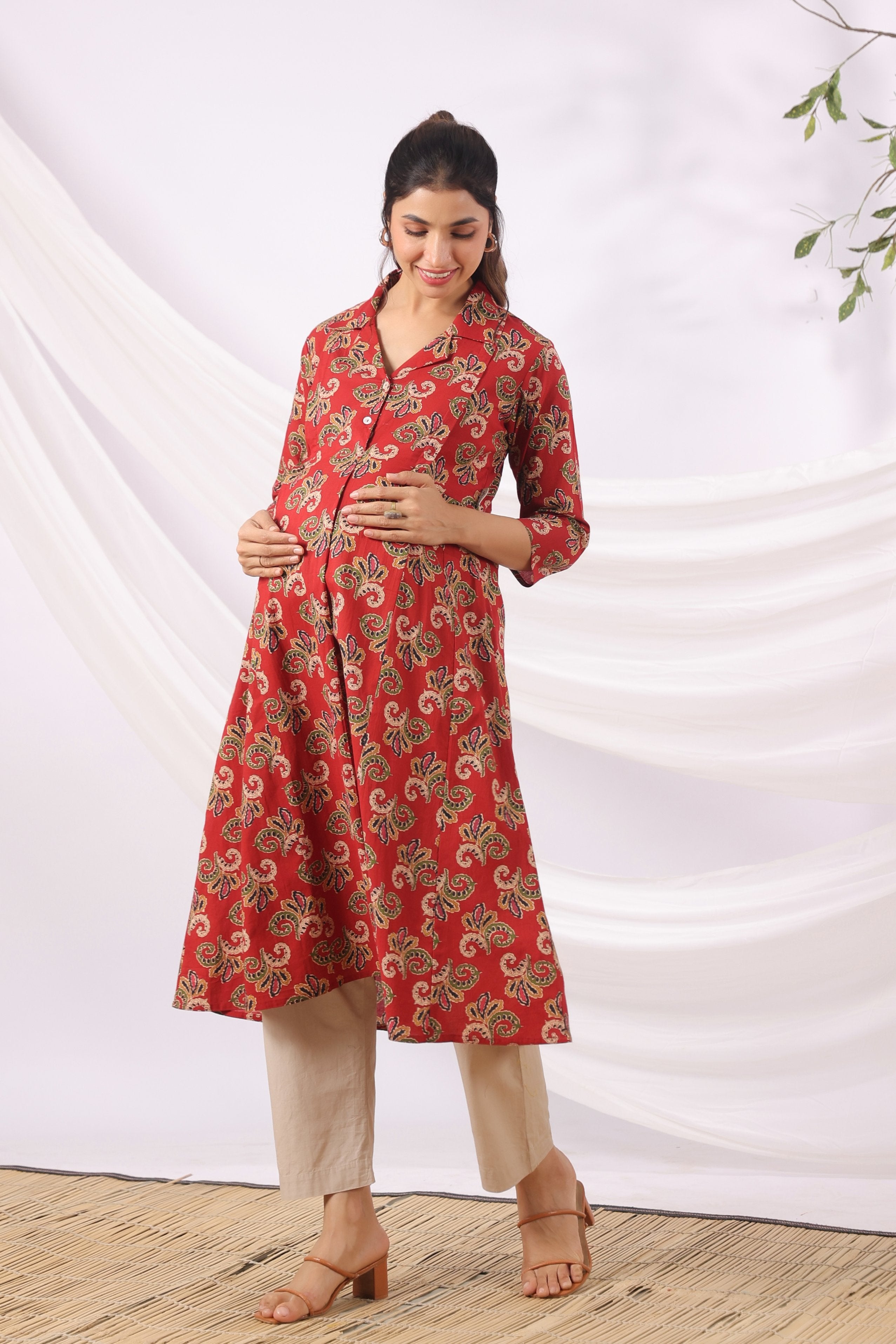 Rajasthani Leaf Motif Cotton Maternity - Nursing Kurta