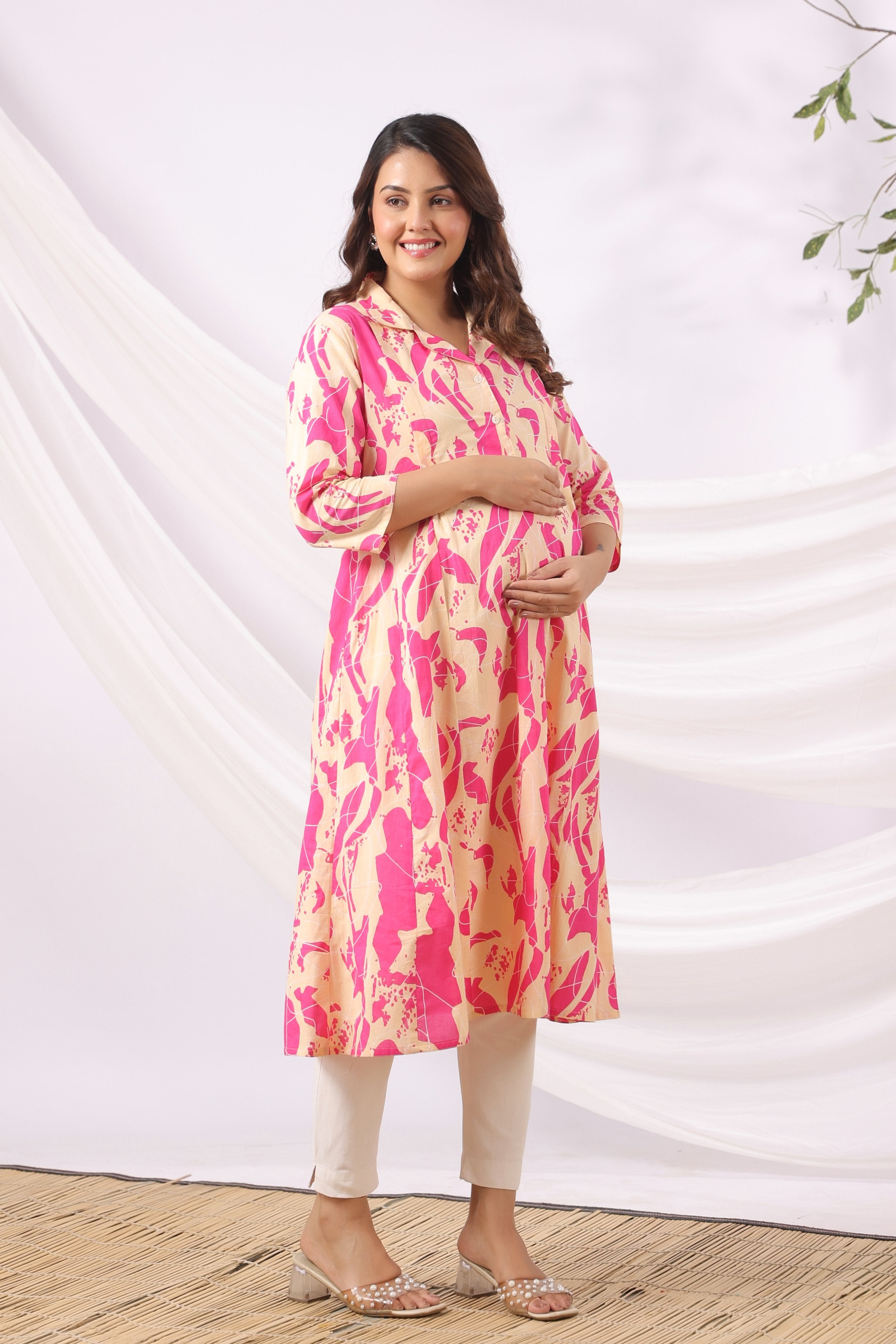 Magenta Wave Sketch Cotton Maternity - Nursing Kurta