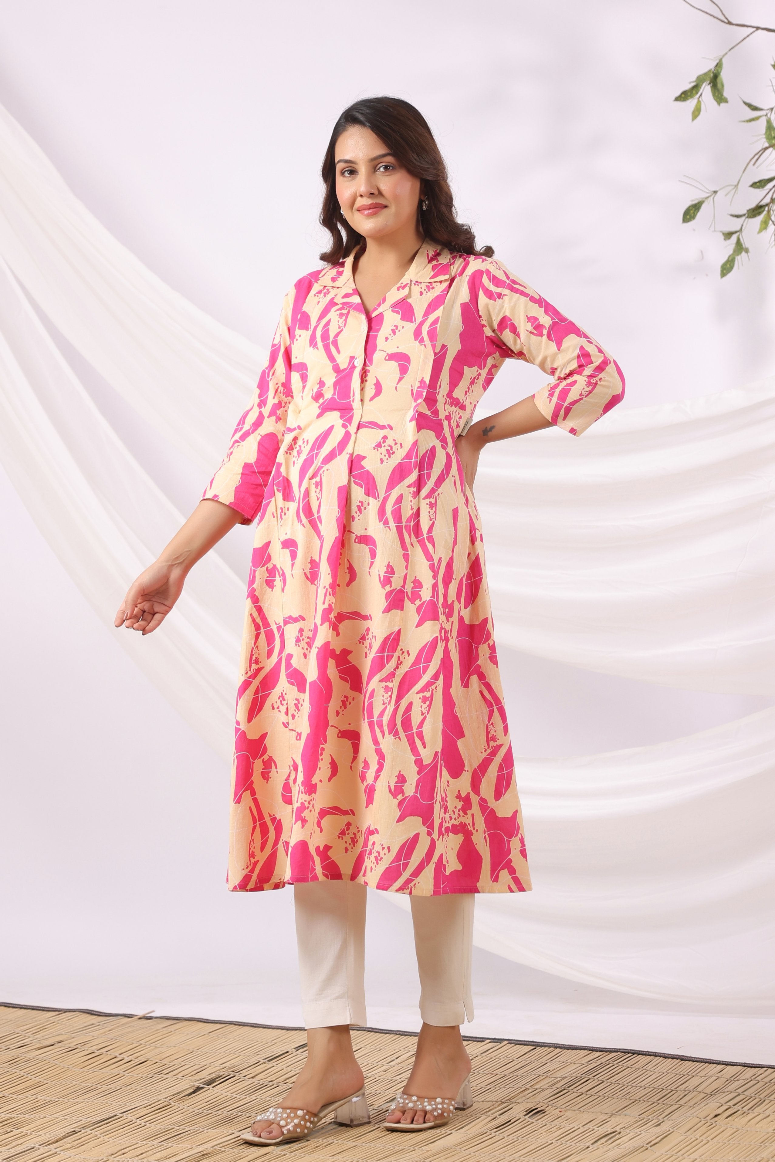 Magenta Wave Sketch Cotton Maternity - Nursing Kurta