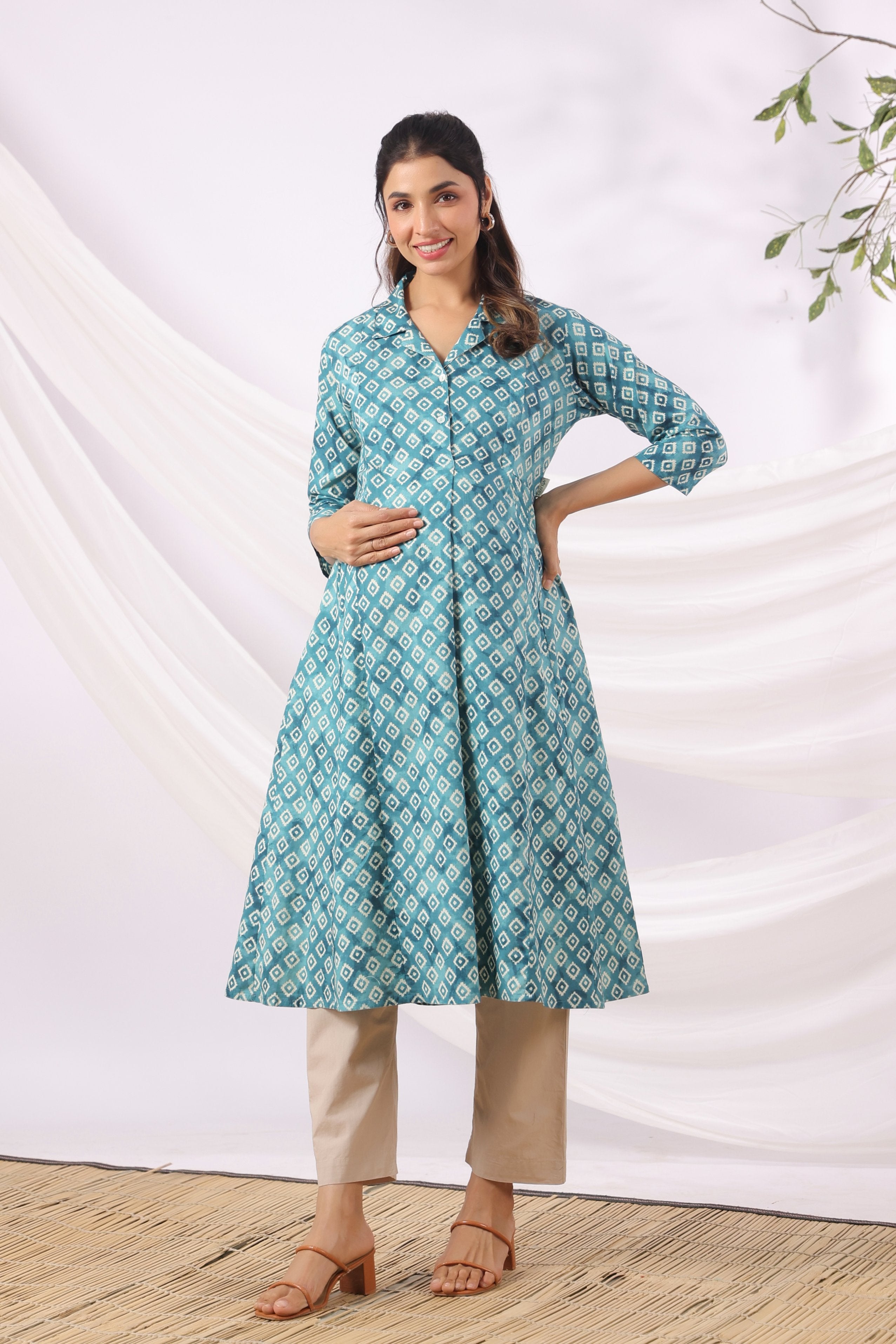 Teal Ikat Diamonds Cotton Maternity - Nursing Kurta