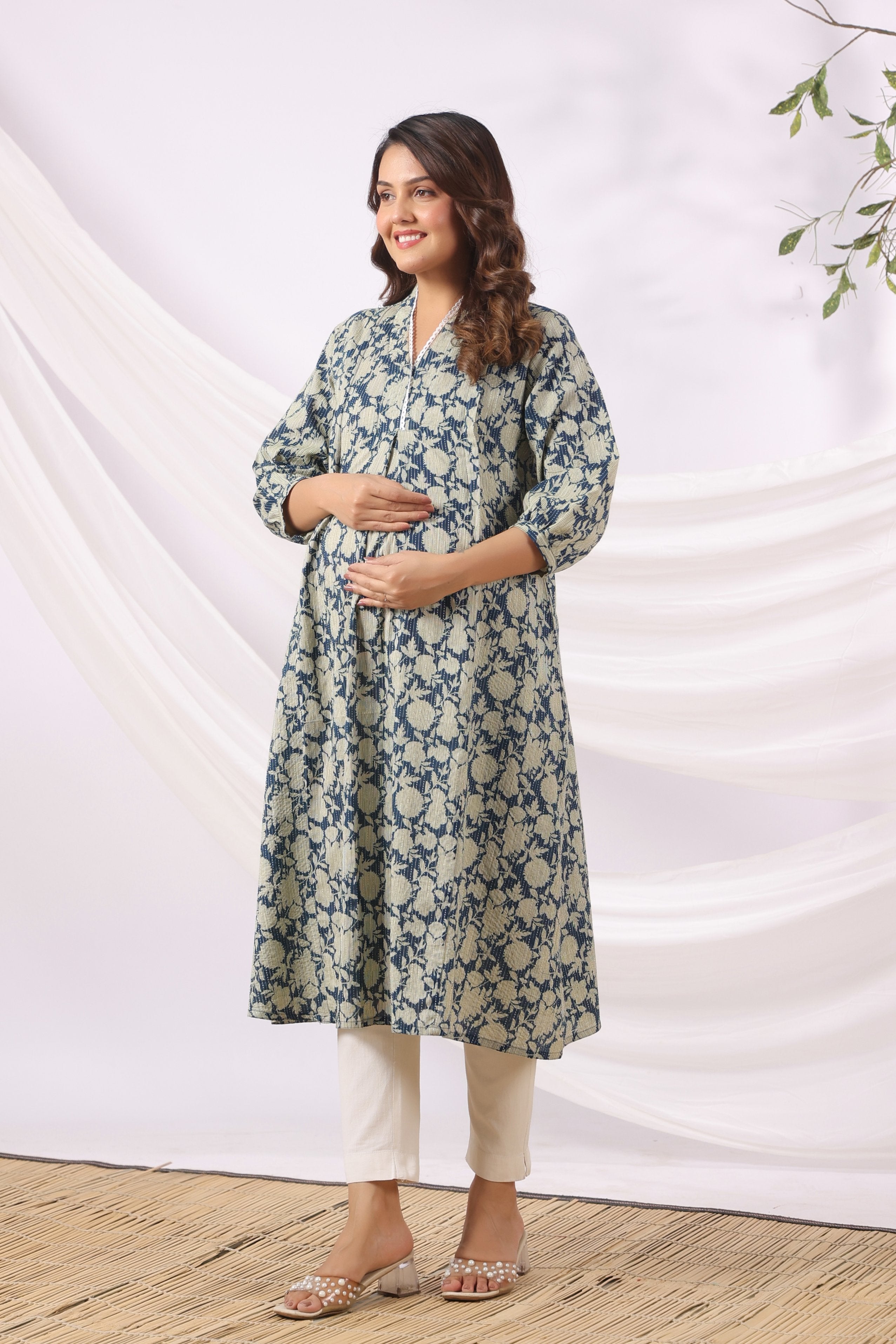 Indigo Phool Kantha Cotton Maternity - Nursing Kurta