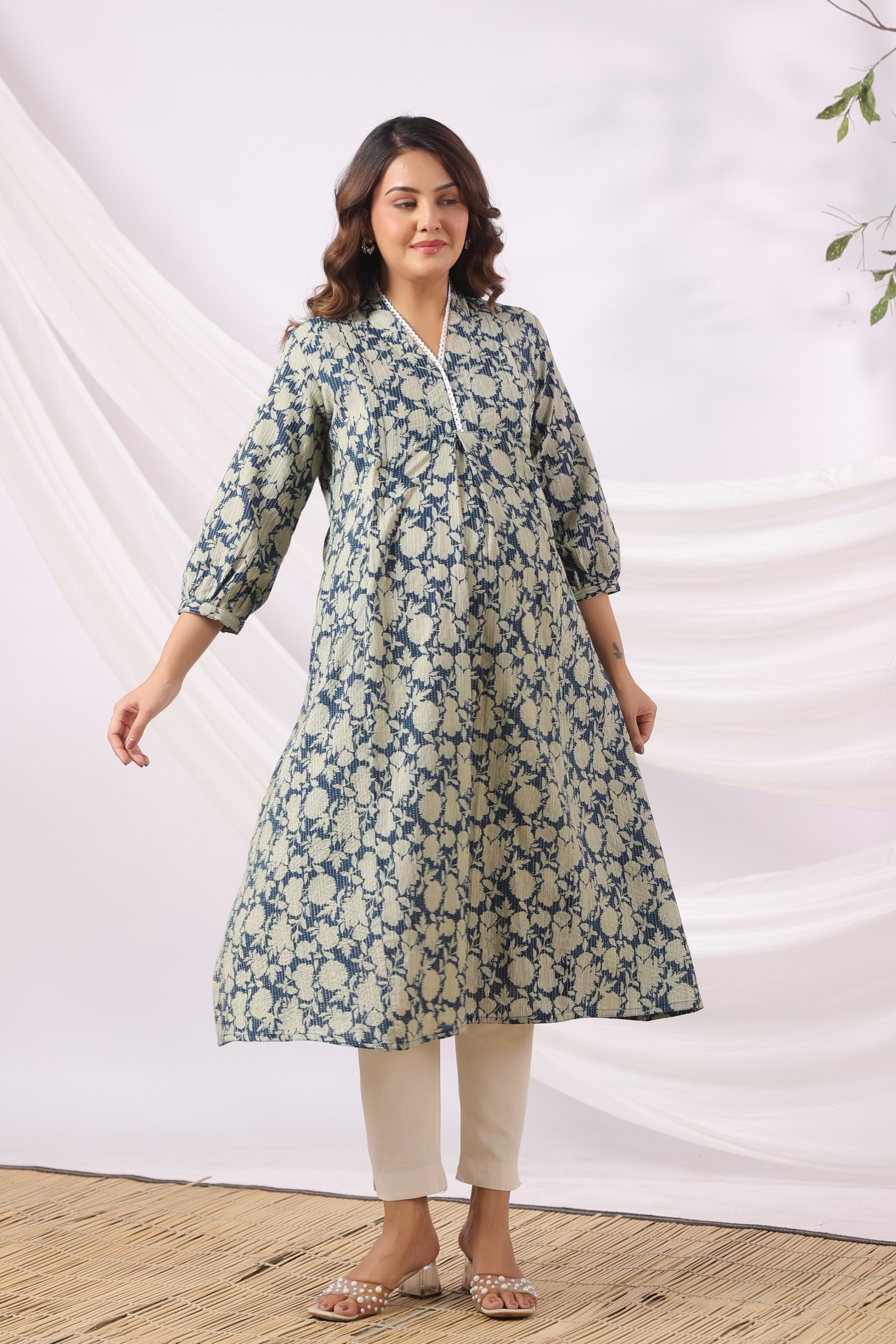 Indigo Phool Kantha Cotton Maternity - Nursing Kurta