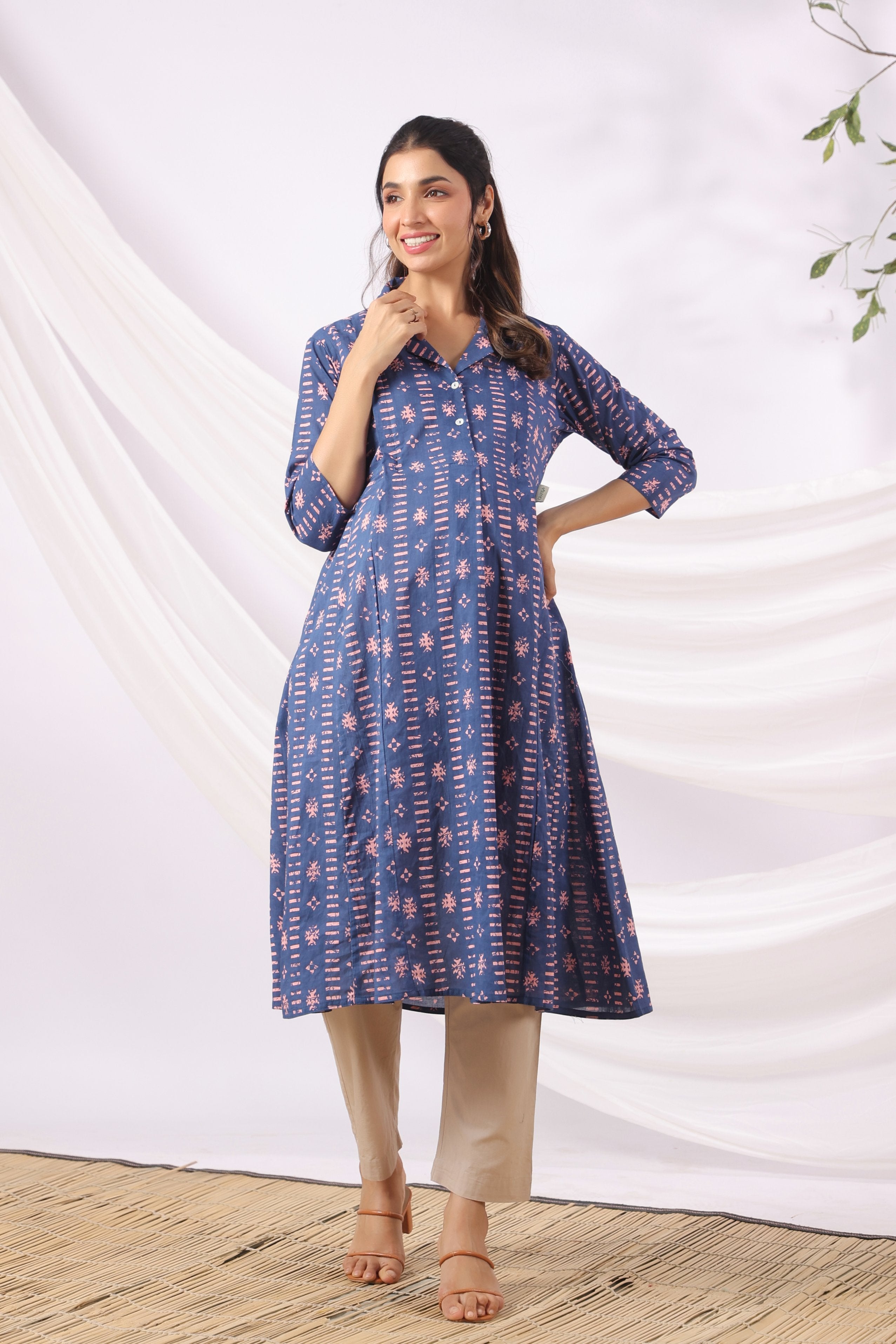 Indigo Art Marks Cotton Maternity - Nursing Kurta