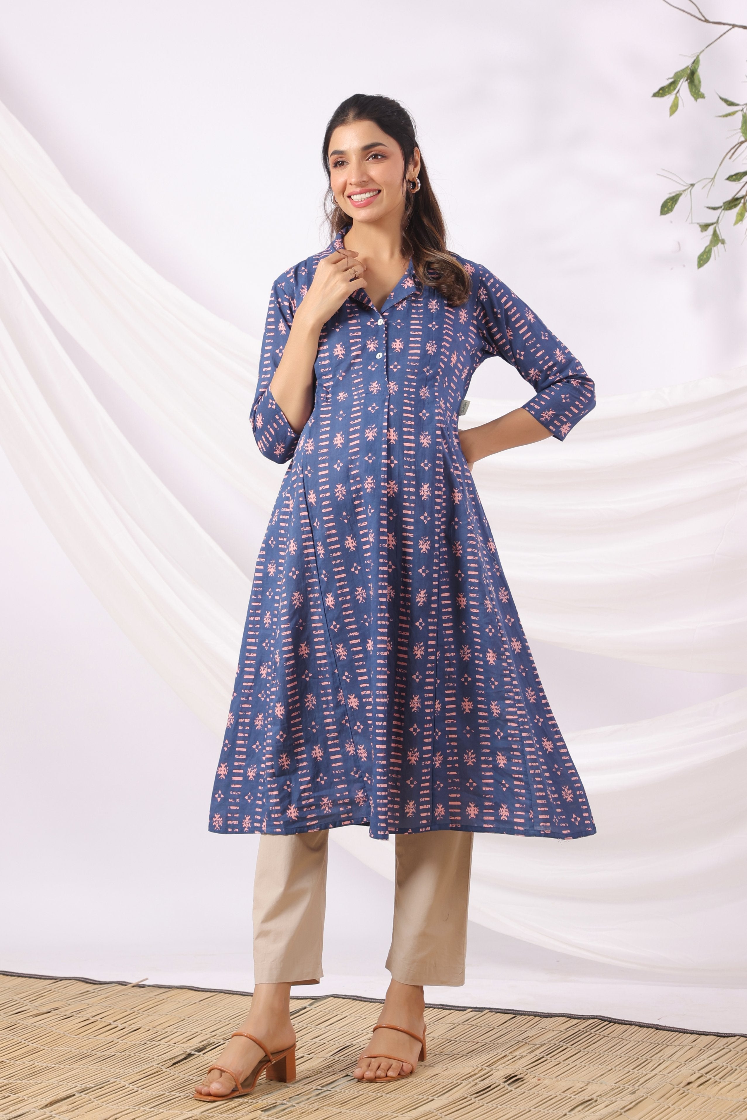 Indigo Art Marks Cotton Maternity - Nursing Kurta
