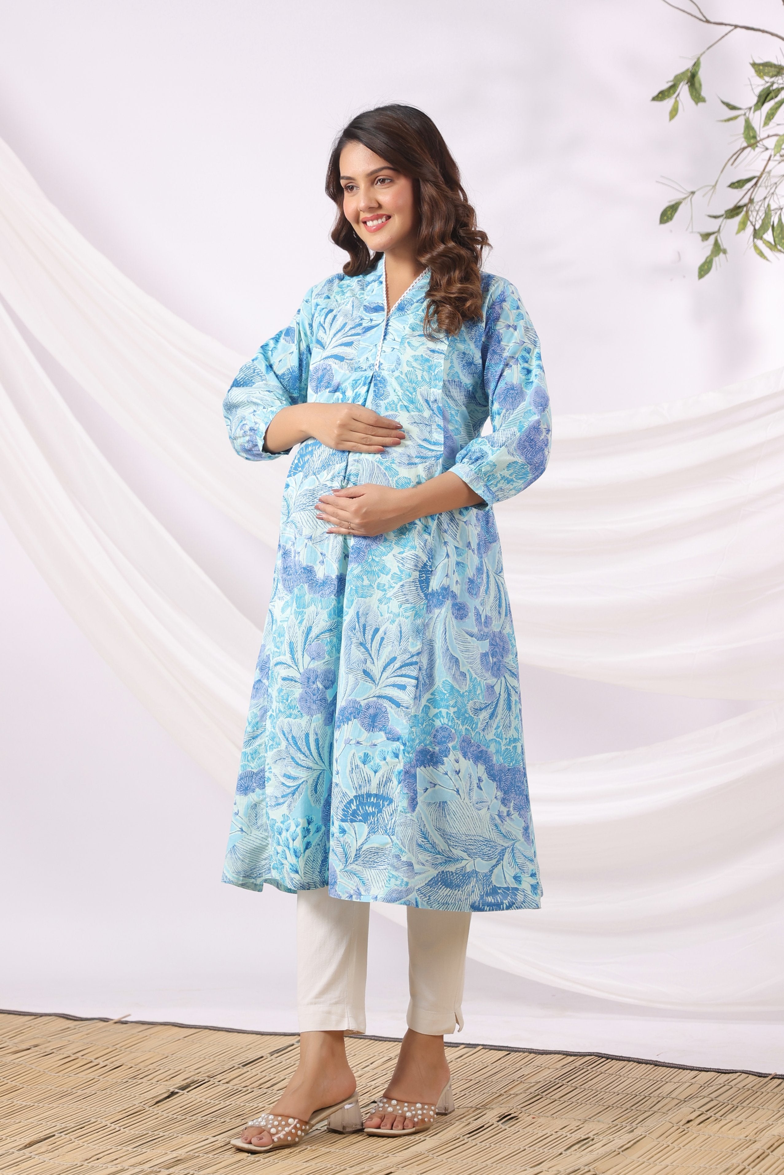 Ocean Petal Sketch Cotton Maternity - Nursing Kurta