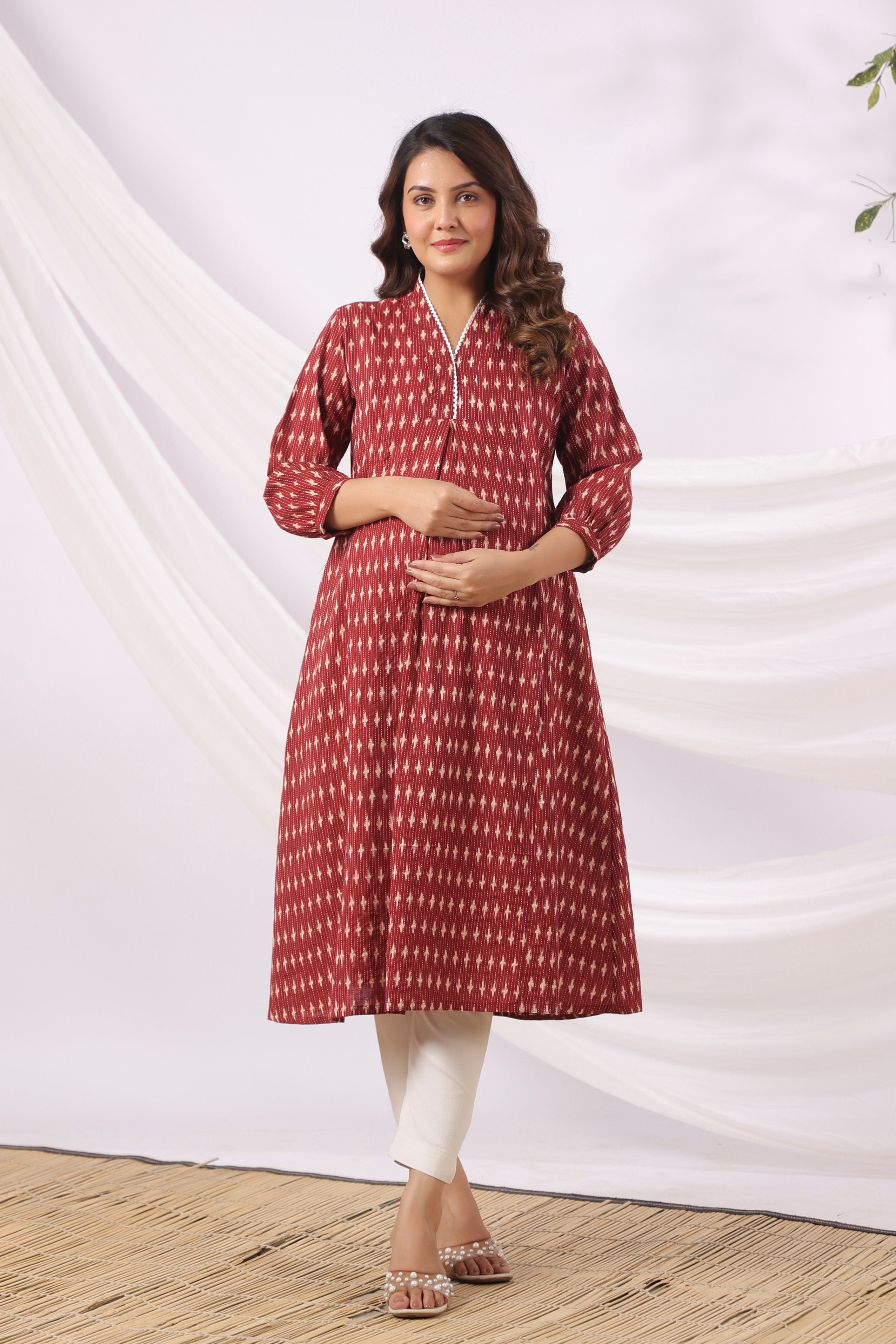Maroon Micro Ikat Cotton Maternity - Nursing Kurta