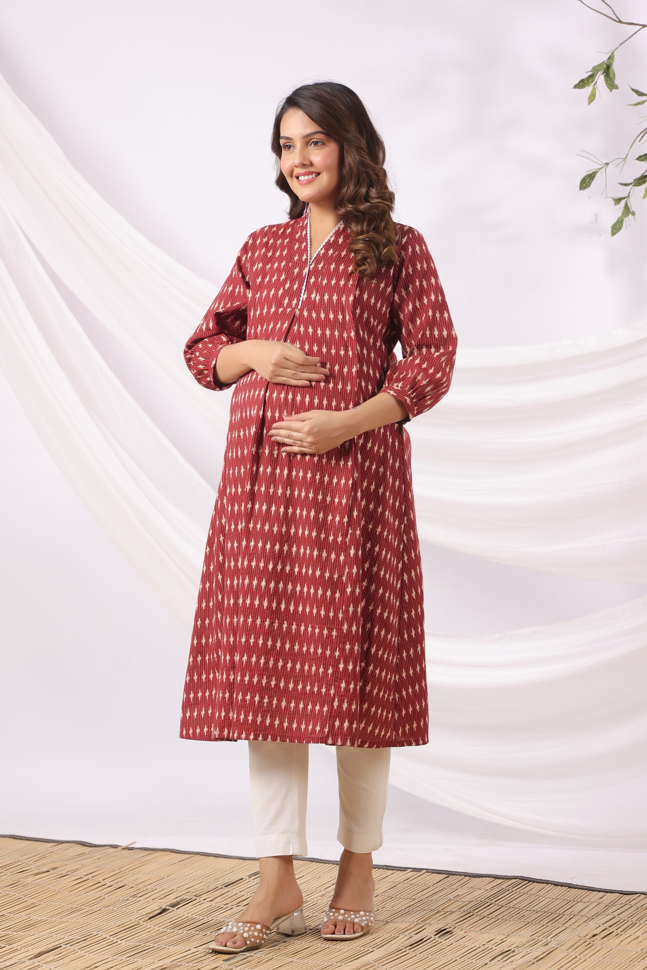 Maroon Micro Ikat Cotton Maternity - Nursing Kurta