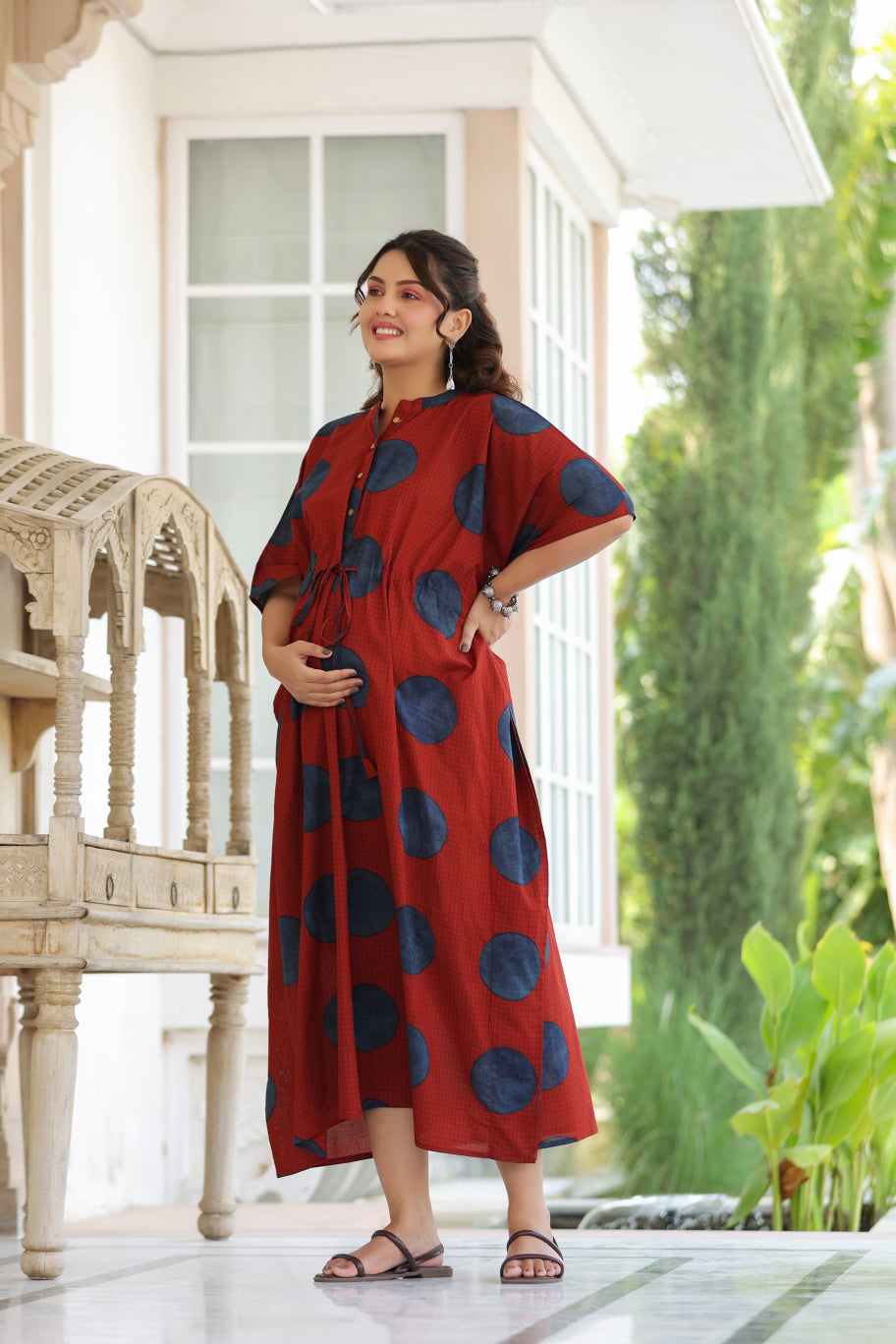 Terracotta Pebble Cotton Maternity - Nursing Kaftan ( One-Size )