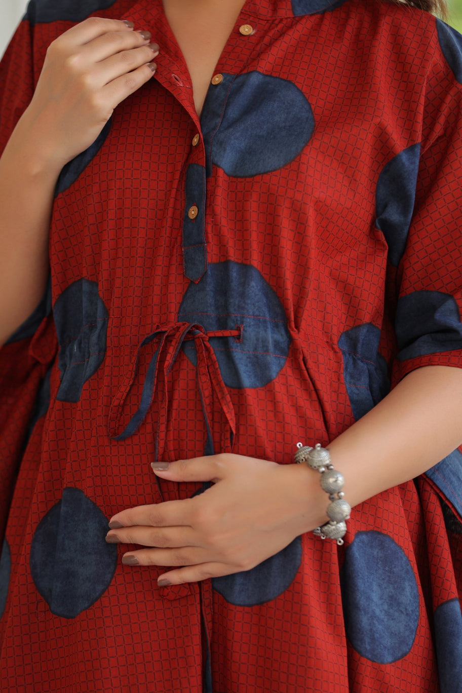 Terracotta Pebble Cotton Maternity - Nursing Kaftan ( One-Size )