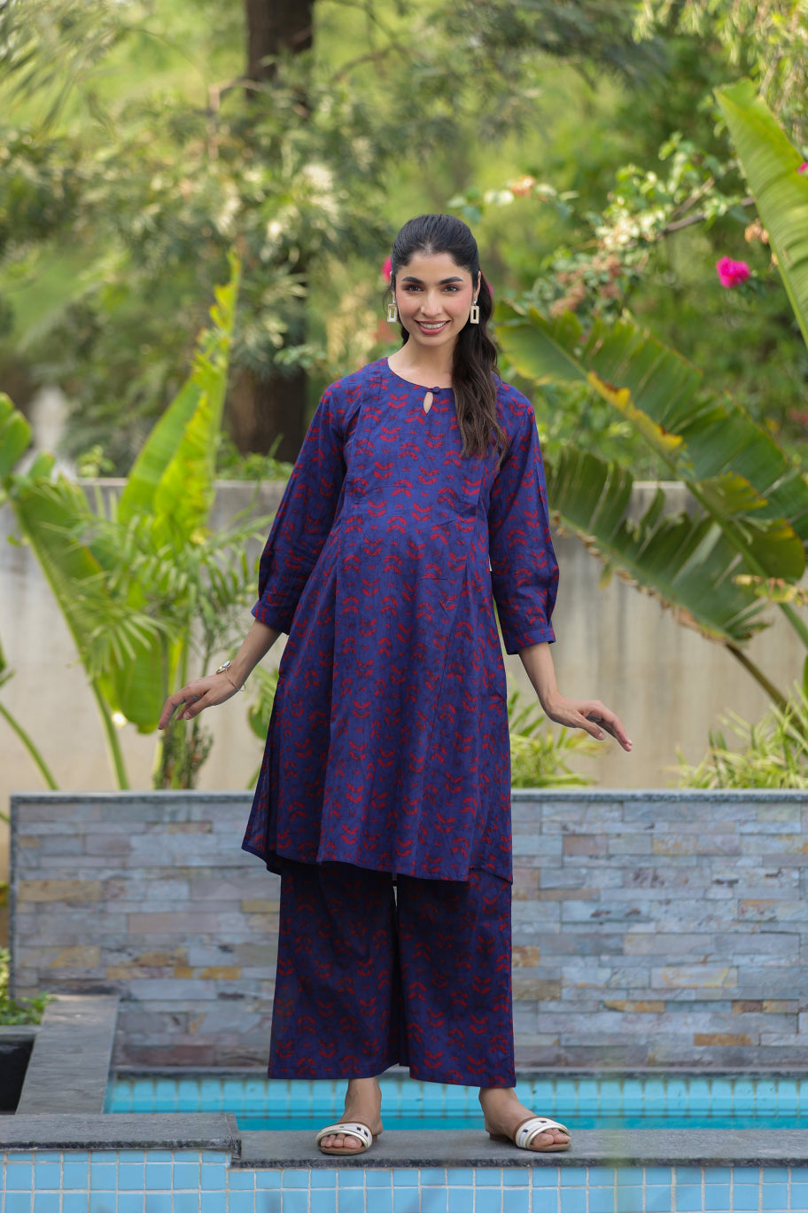Indigo Maze Cotton Maternity - Nursing Co-ord Set
