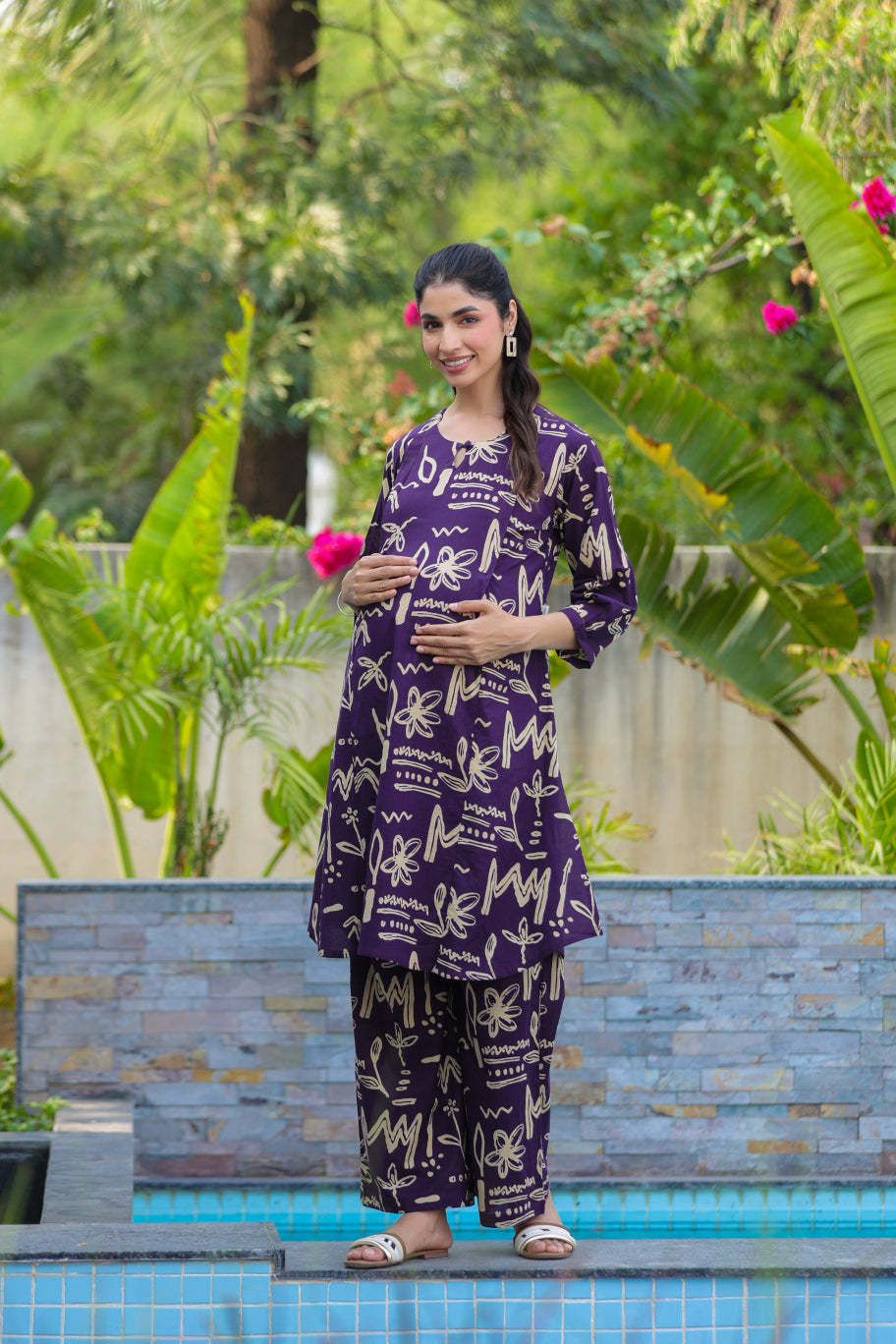 Purple Doodle Garden Cotton Maternity - Nursing Co-ord Set