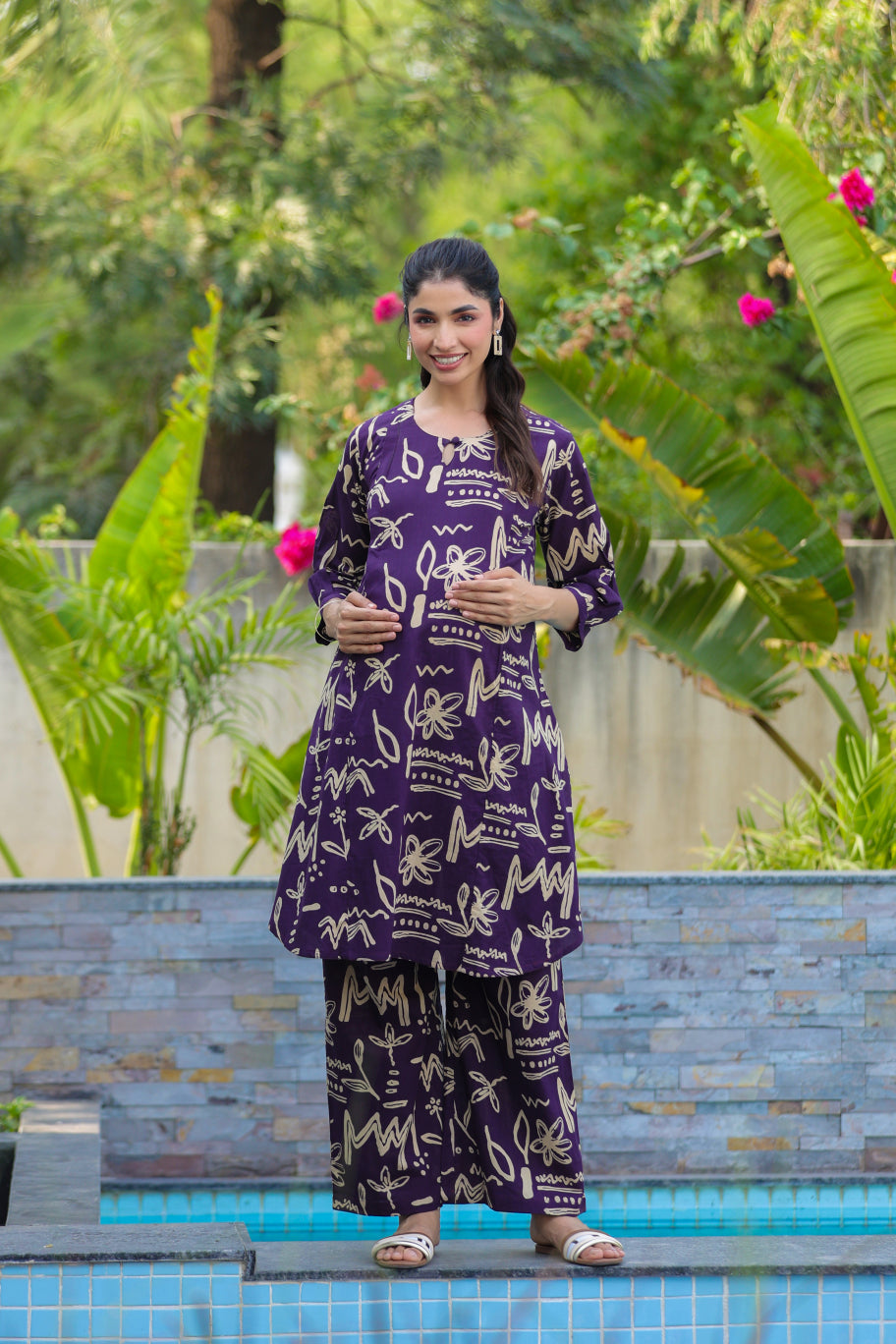 Purple Doodle Garden Cotton Maternity - Nursing Co-ord Set