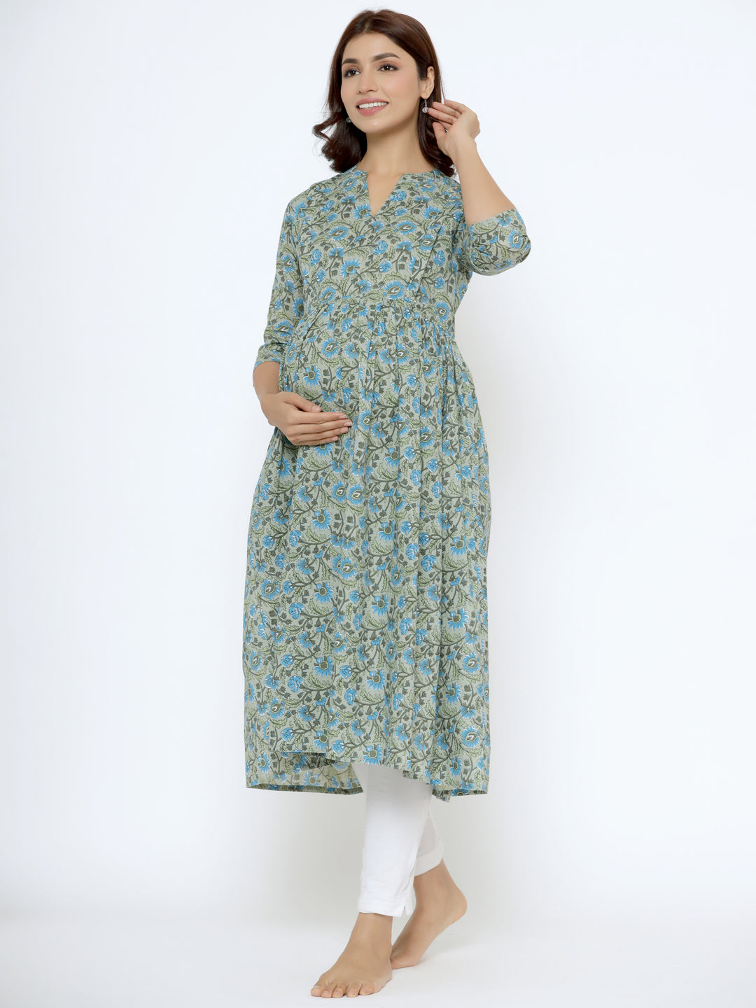 Ash Grey Cotton Maternity - Nursing Kurta