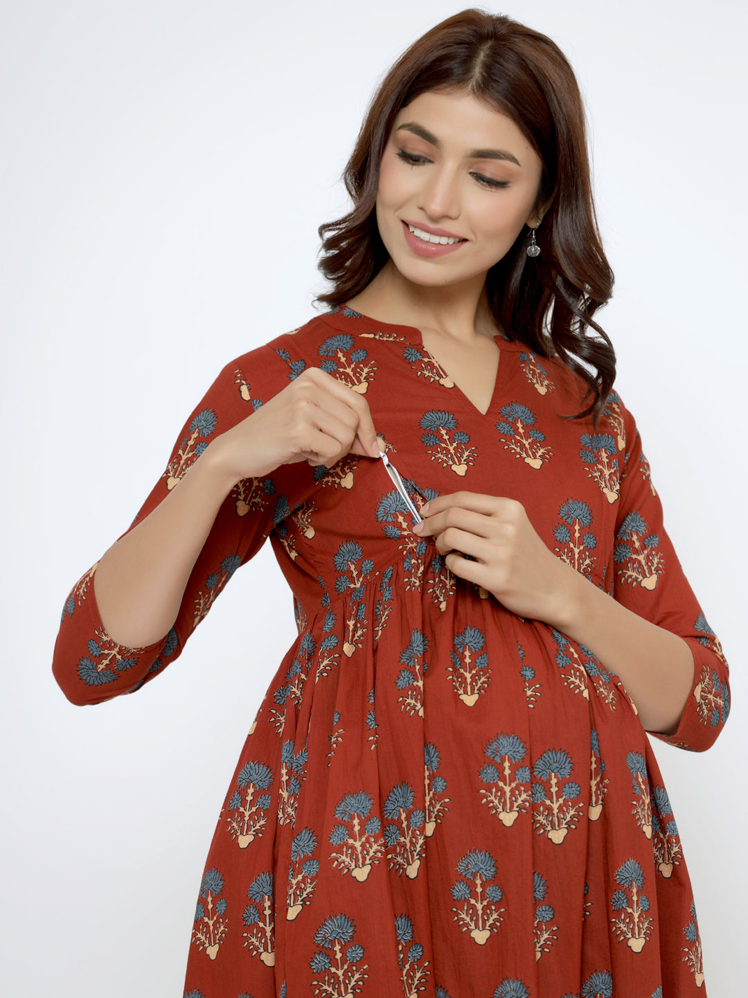 Burnt Maroon Boota Cotton Maternity - Nursing Kurta