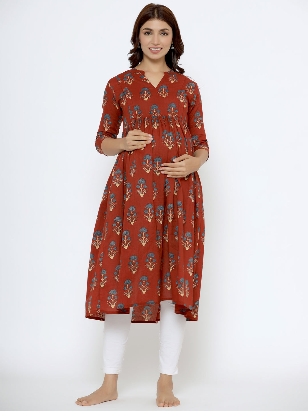 Burnt Maroon Boota Cotton Maternity - Nursing Kurta