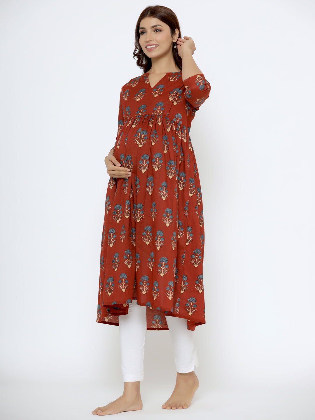 Burnt Maroon Boota Cotton Maternity - Nursing Kurta