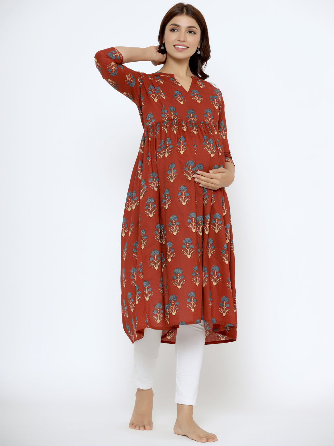 Burnt Maroon Boota Cotton Maternity - Nursing Kurta