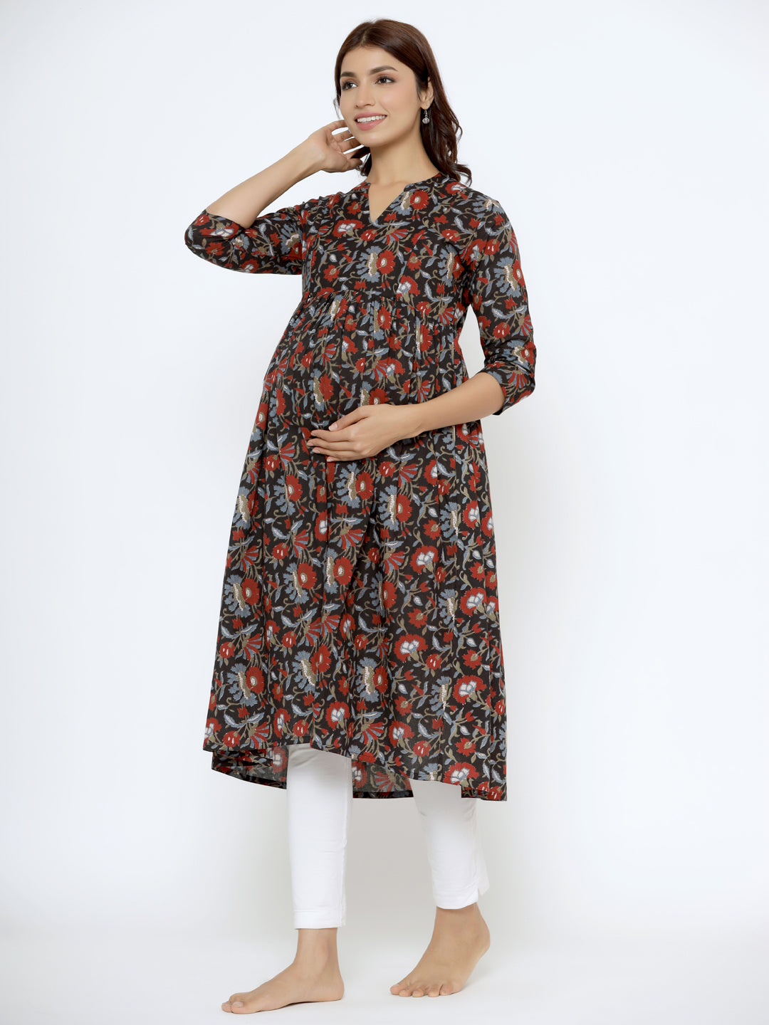 Midnight Floral Cotton Maternity - Nursing Kurta