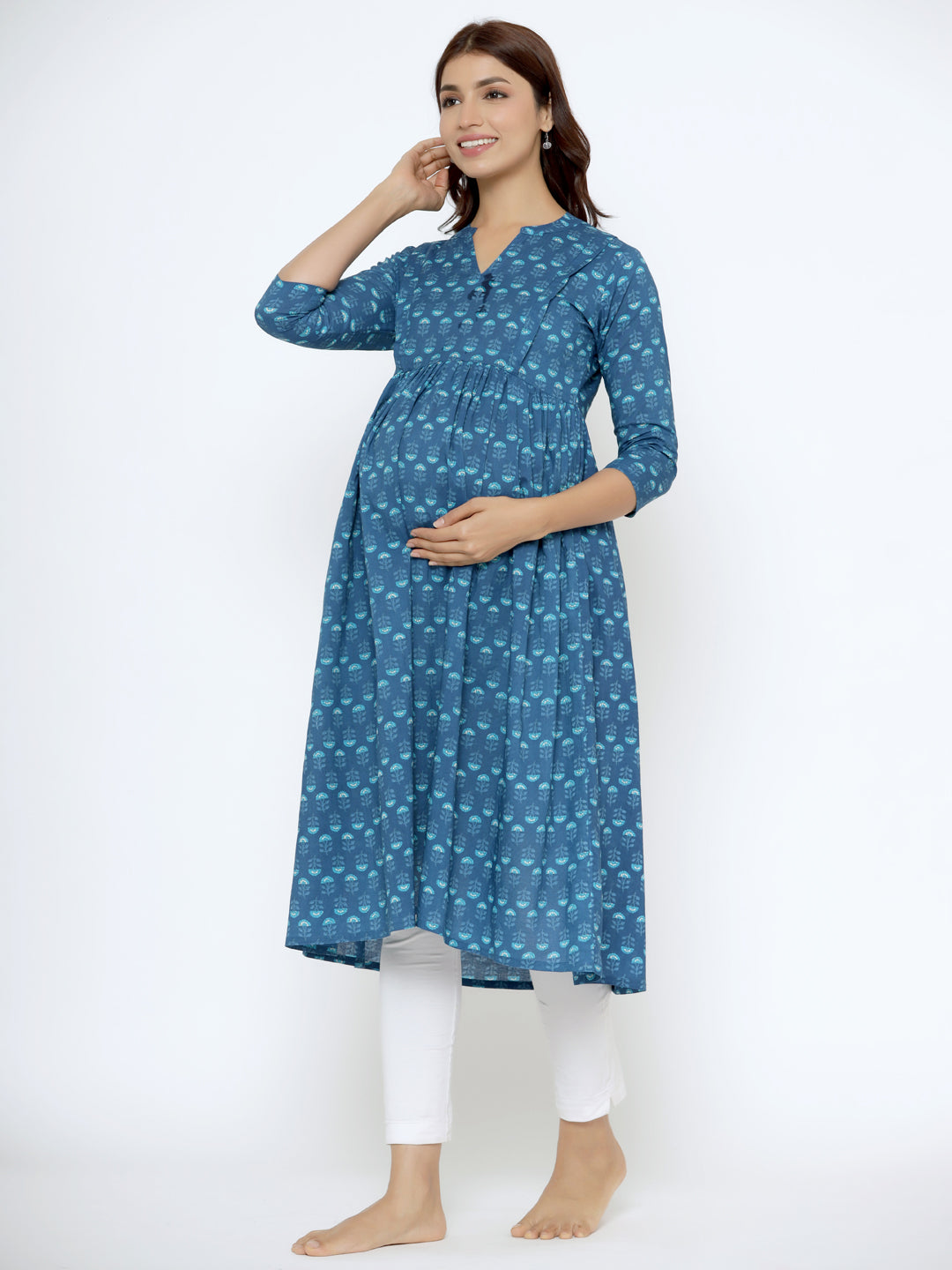 Sapphire Blue Cotton Maternity - Nursing Kurta