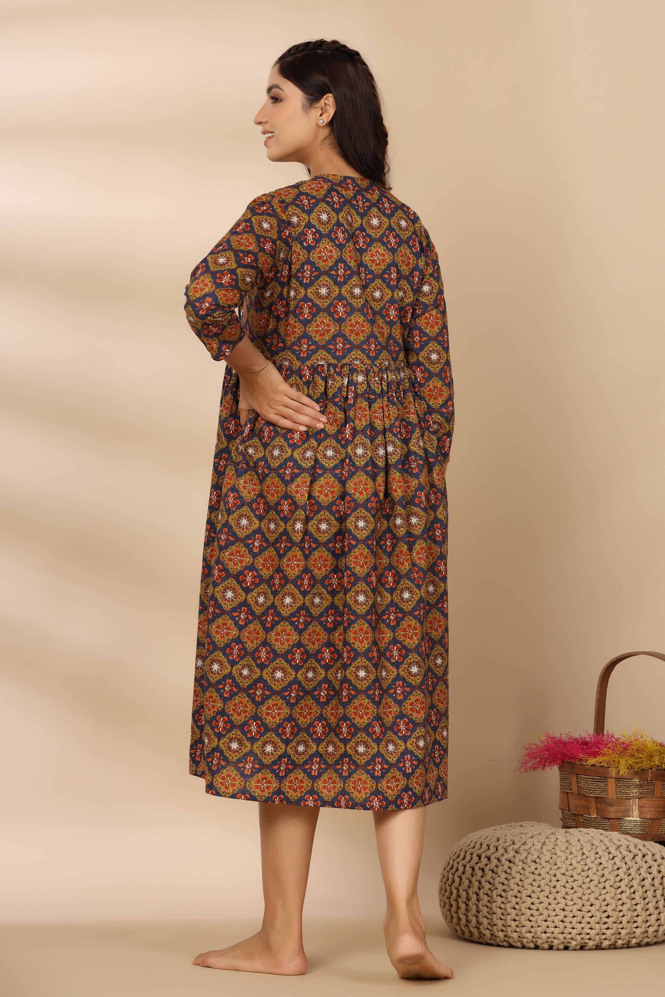 Blooming Blue Ajrakh Cotton Maternity - Nursing Dress