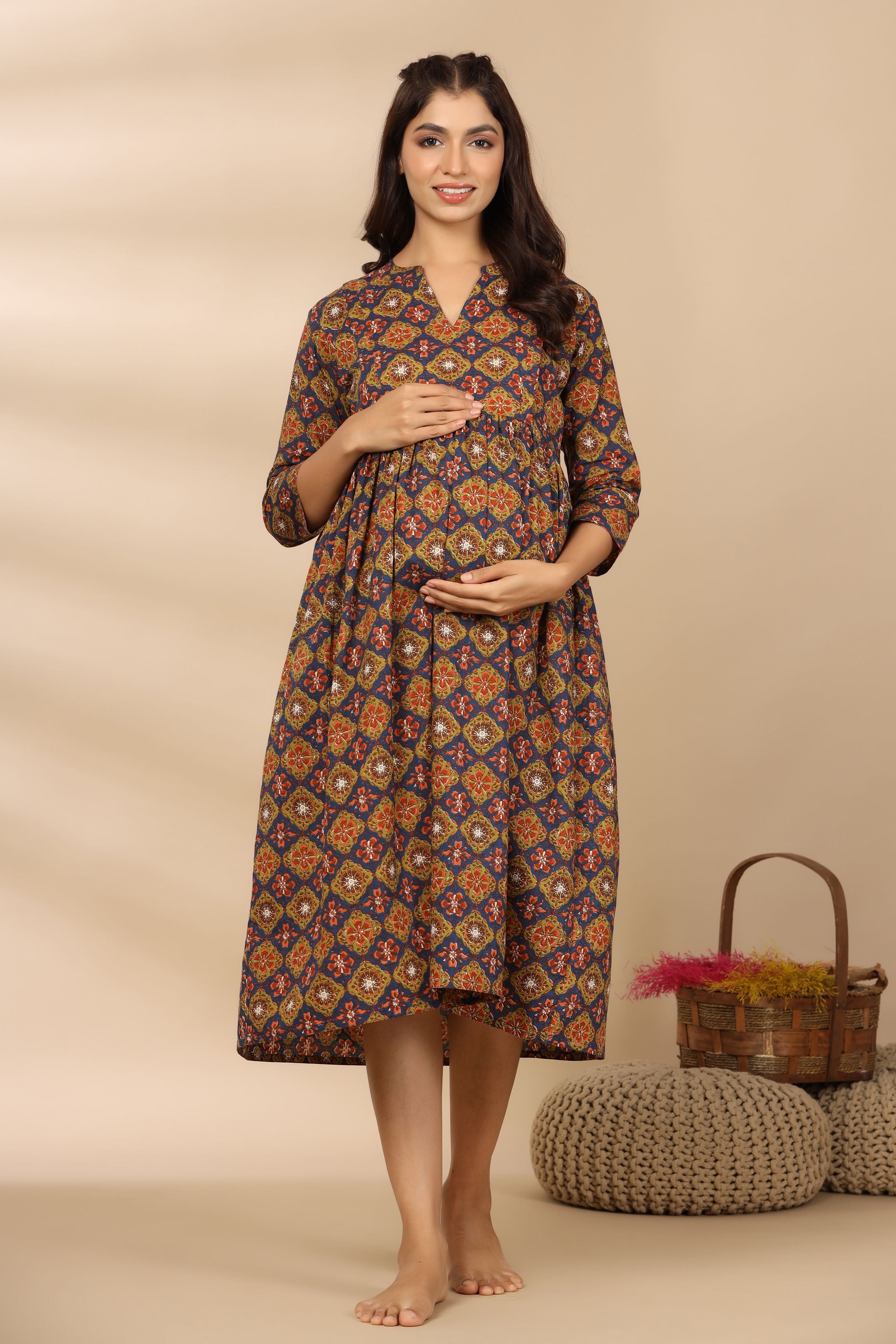 Blooming Blue Ajrakh Cotton Maternity - Nursing Dress