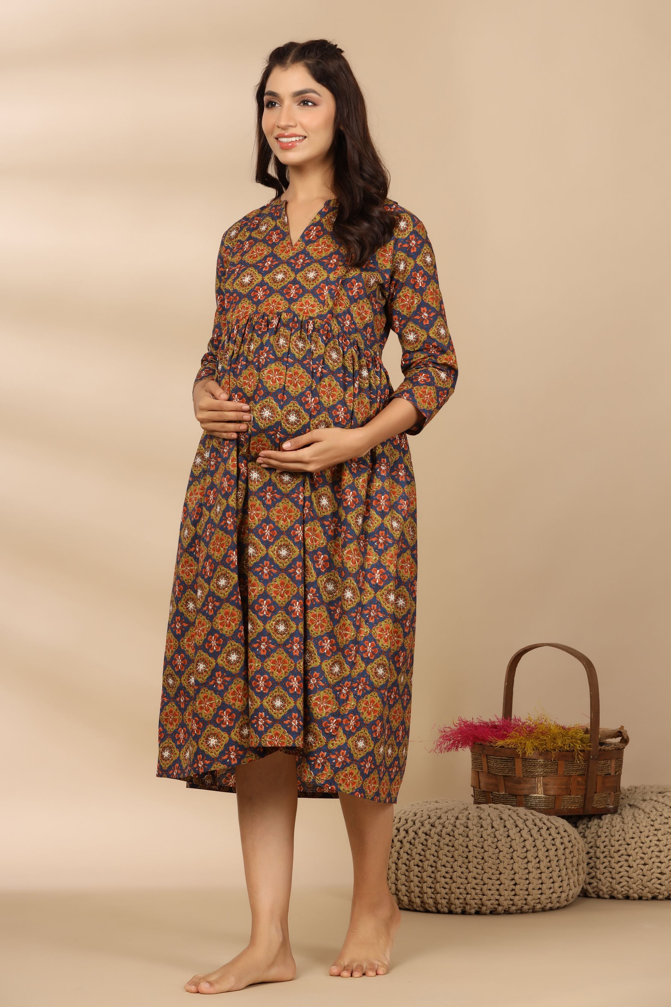 Blooming Blue Ajrakh Cotton Maternity - Nursing Dress