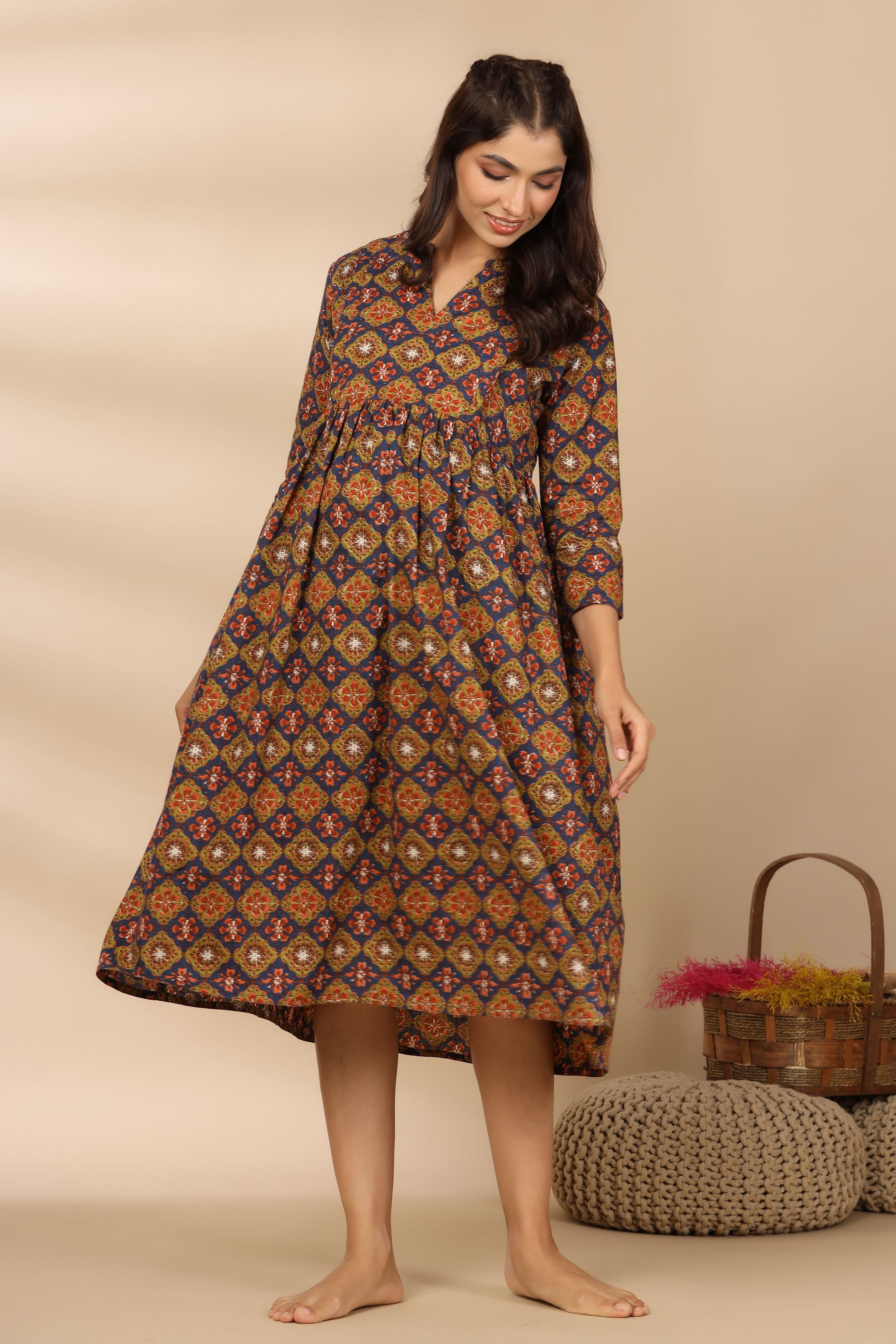 Blooming Blue Ajrakh Cotton Maternity - Nursing Dress