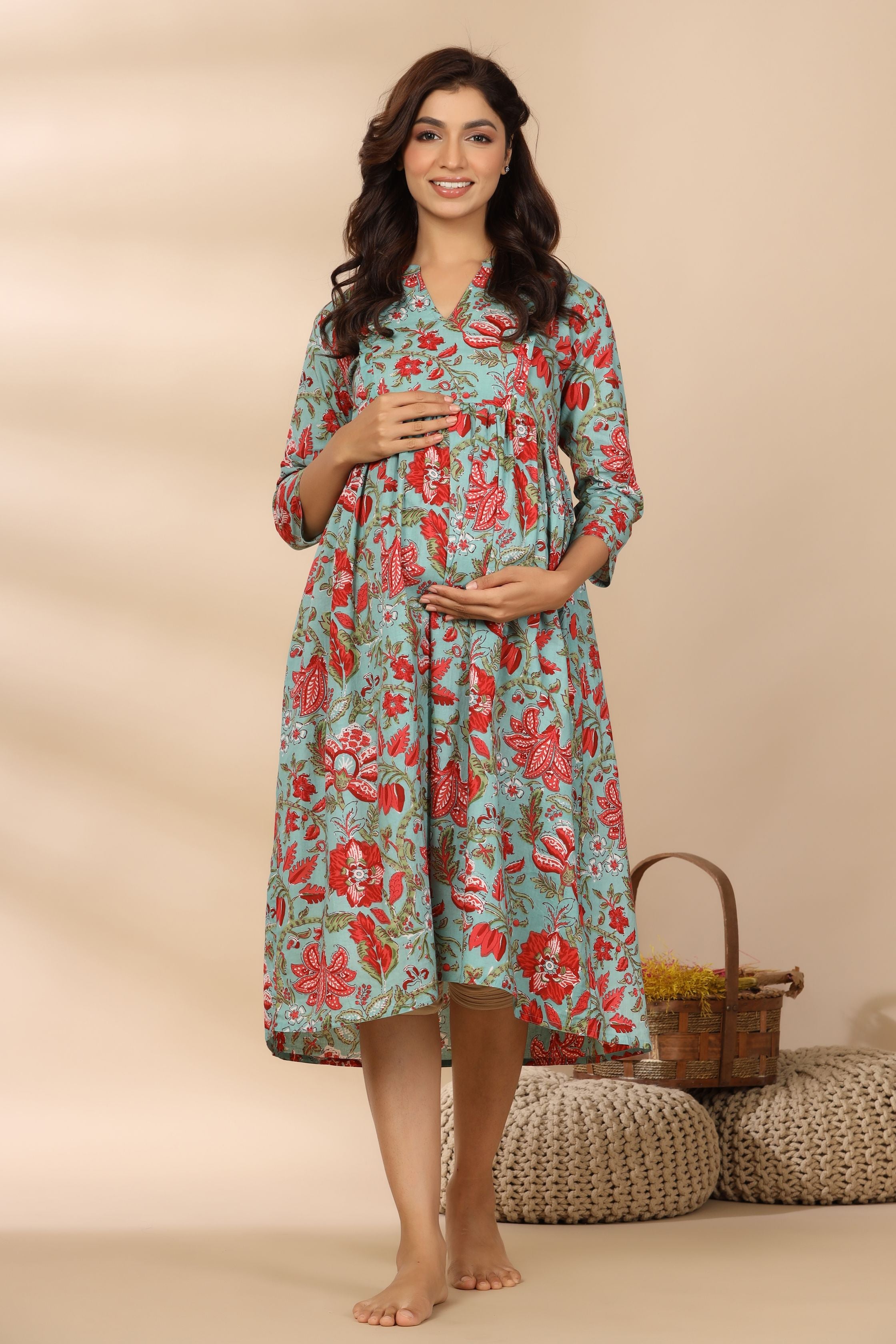 Aqua Marine Cotton Maternity - Nursing Dress