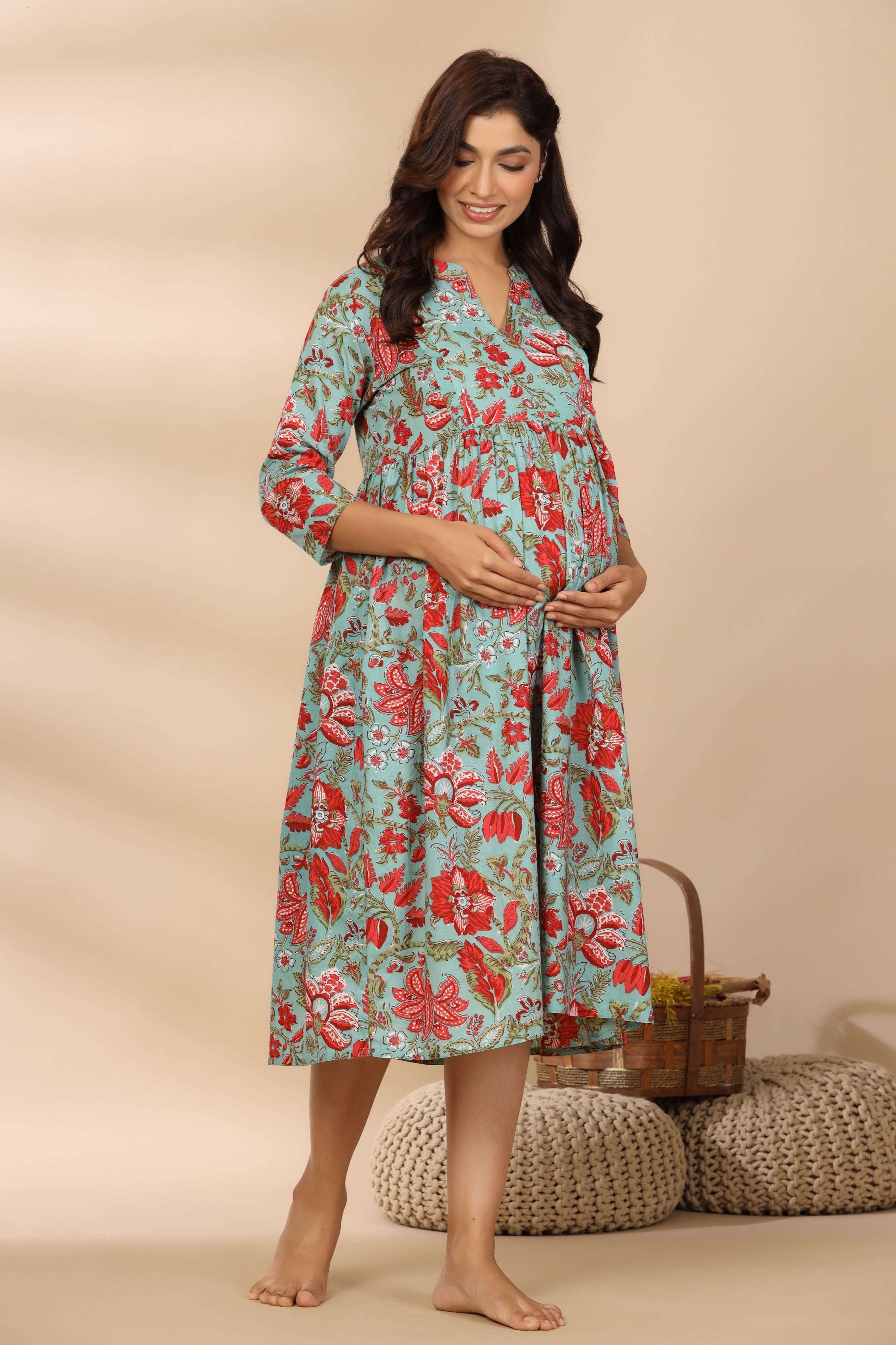 Aqua Marine Cotton Maternity - Nursing Dress
