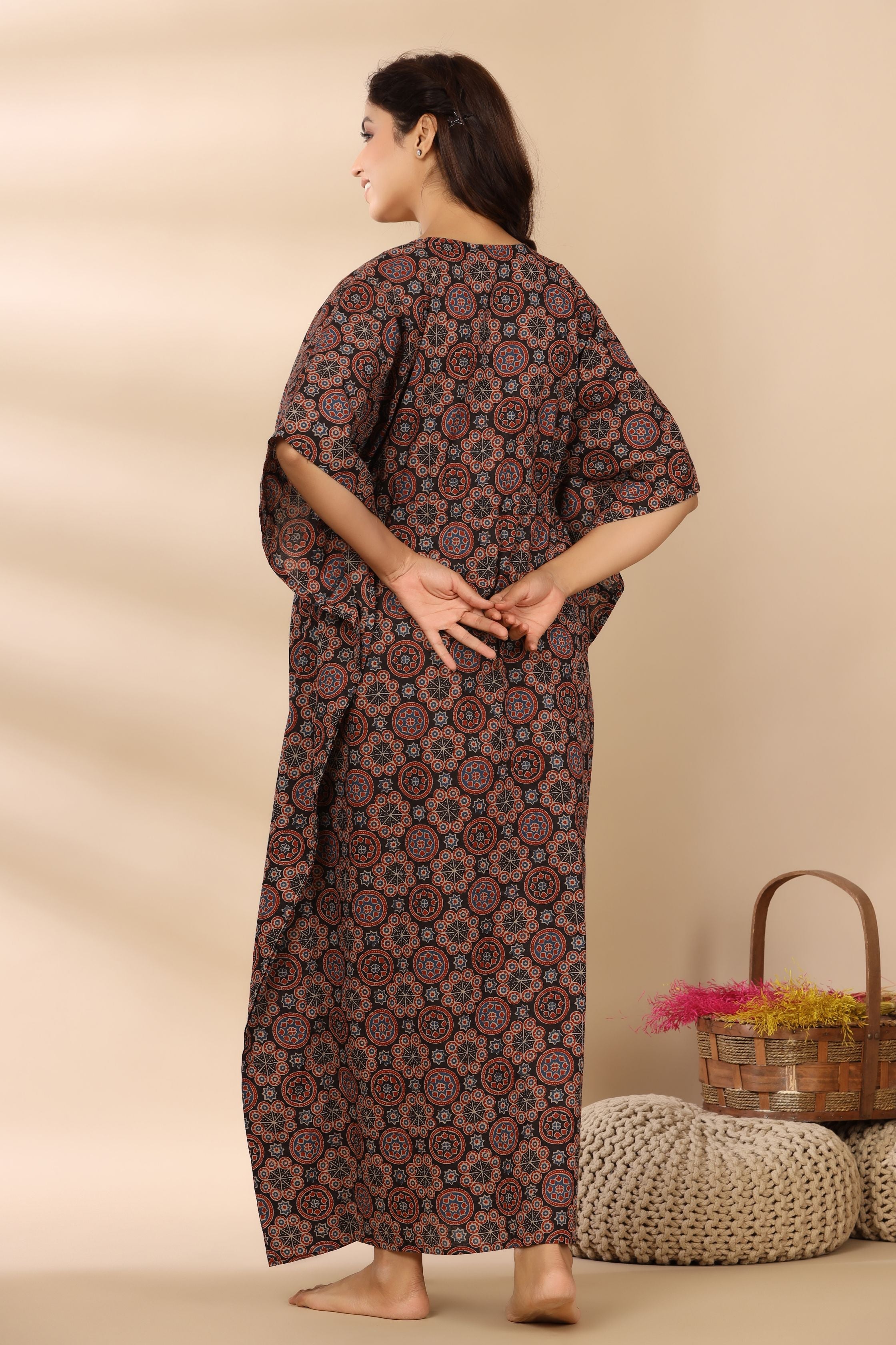 Russian Black Ajrakh Cotton Maternity - Nursing Kaftan ( One-Size )