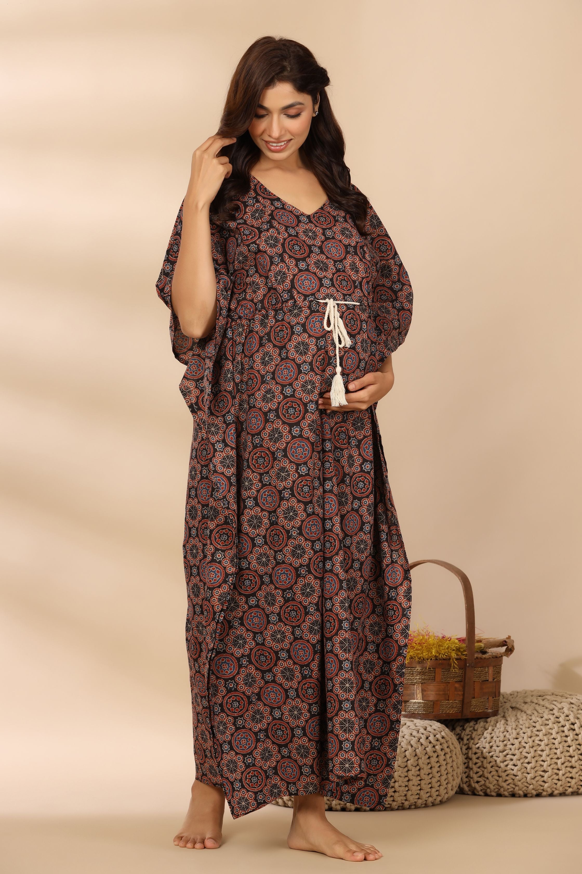 Russian Black Ajrakh Cotton Maternity - Nursing Kaftan ( One-Size )