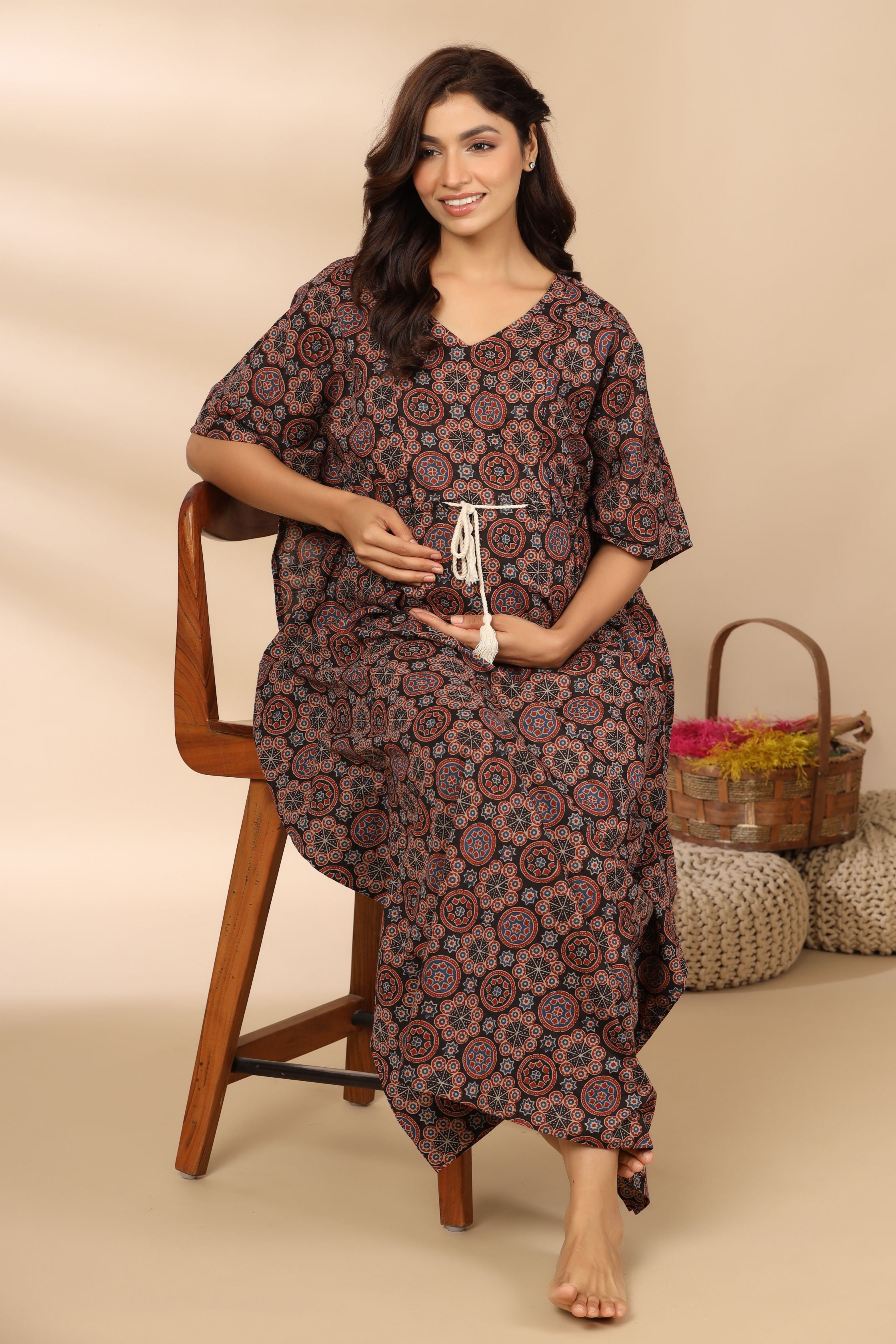 Russian Black Ajrakh Cotton Maternity - Nursing Kaftan ( One-Size )