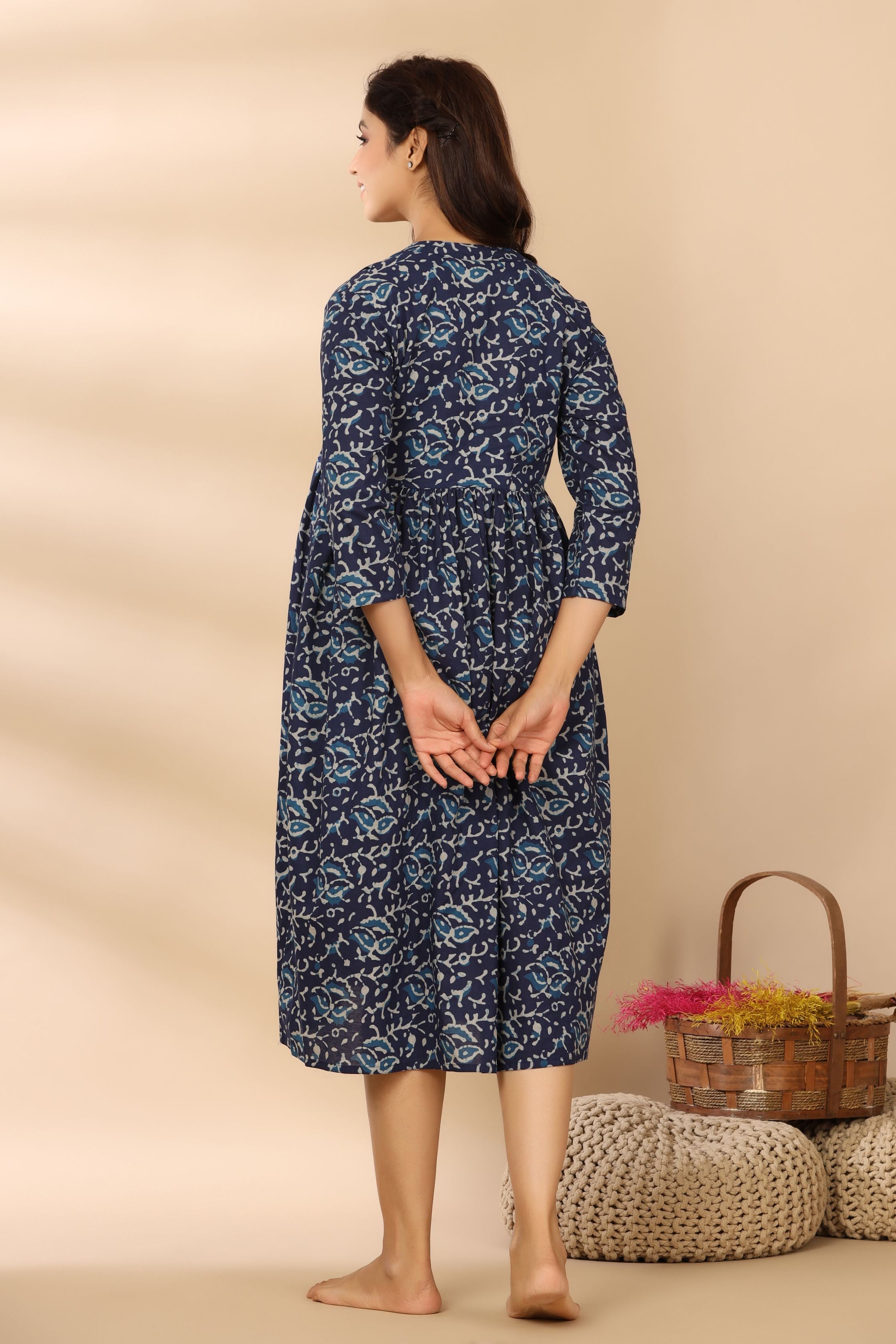 Deep Indigo Cotton Maternity - Nursing Dress