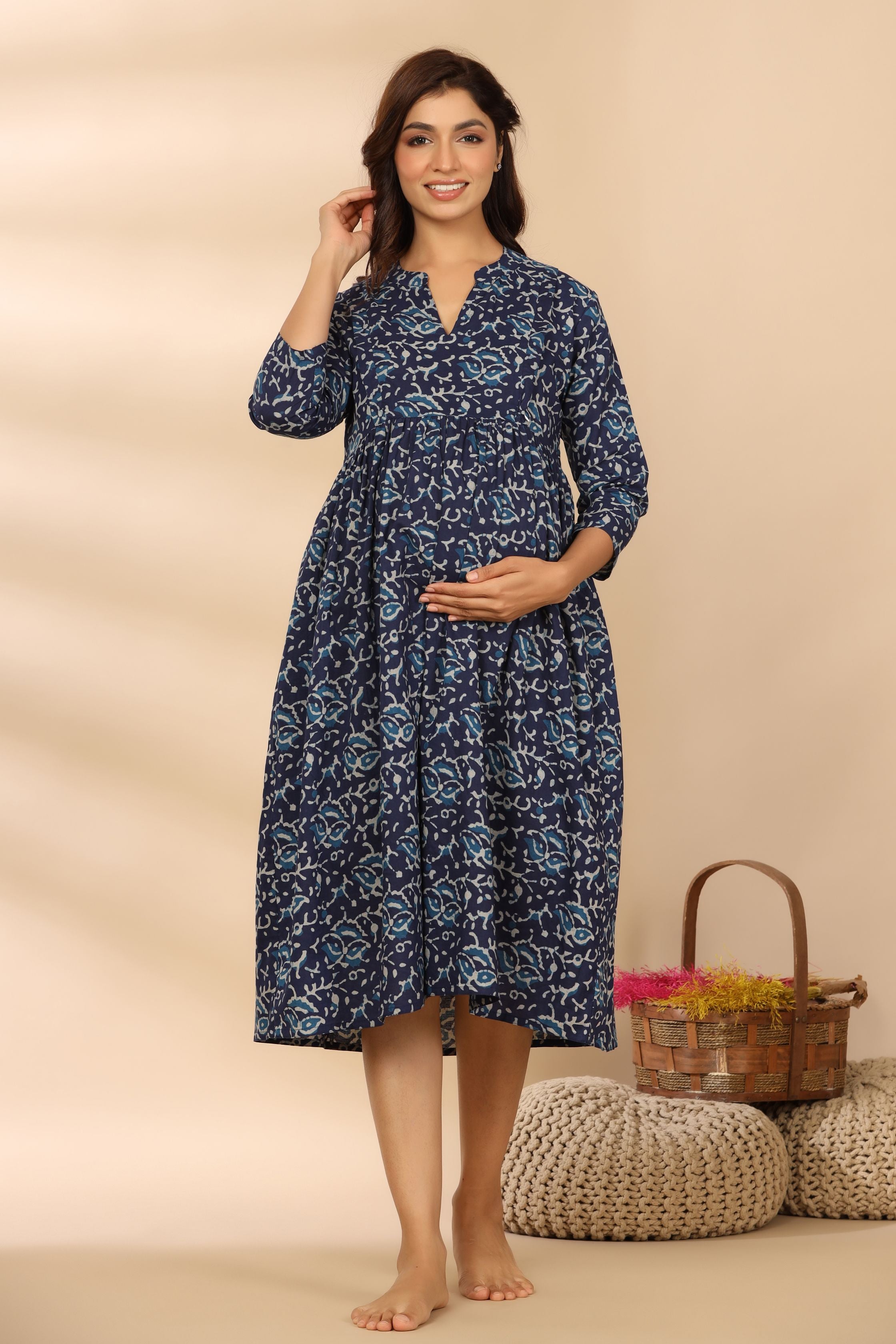Deep Indigo Cotton Maternity - Nursing Dress