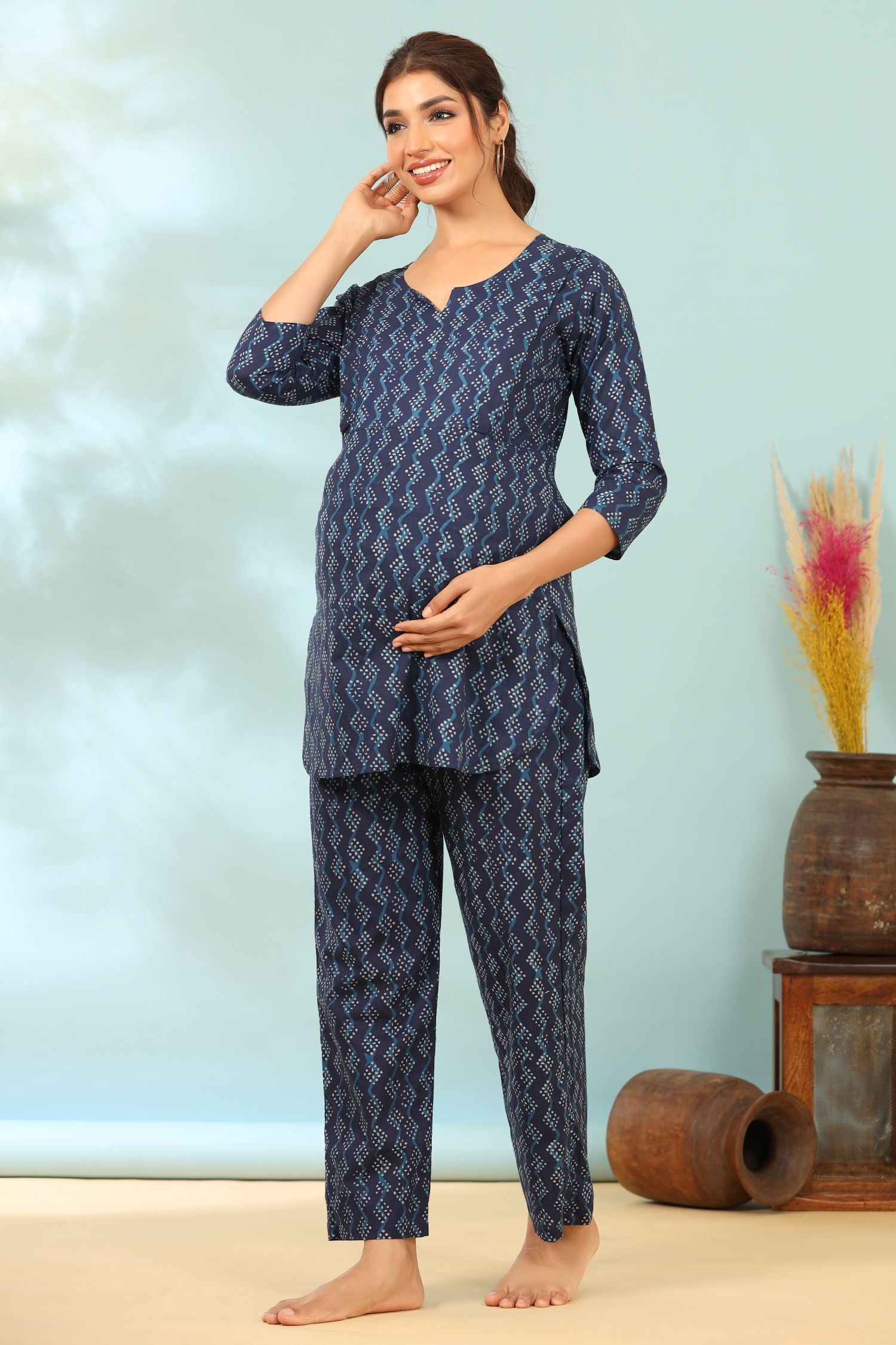 Prussian Blue Cotton Maternity - Nursing Co-ord Set