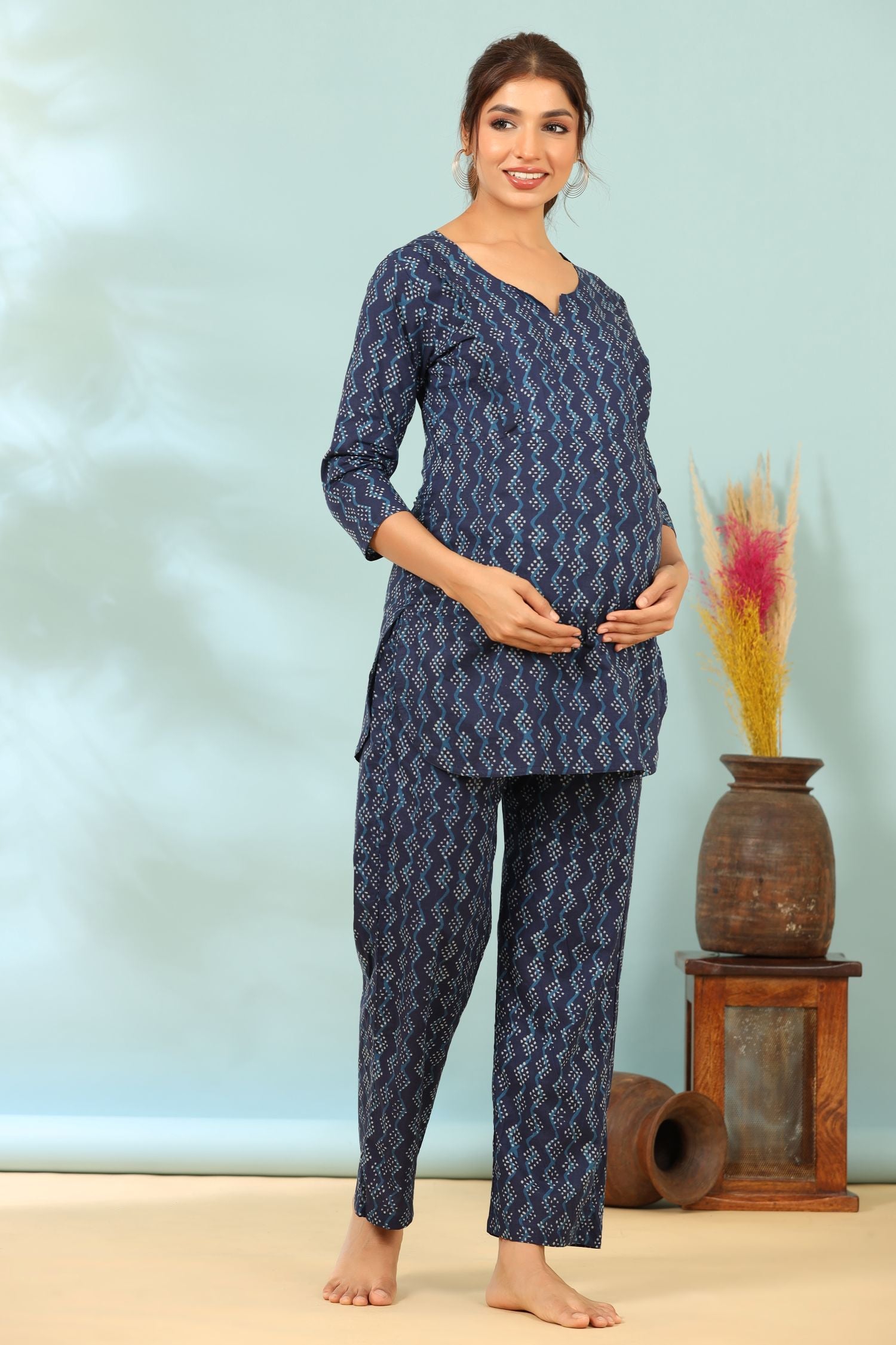 Prussian Blue Cotton Maternity - Nursing Co-ord Set