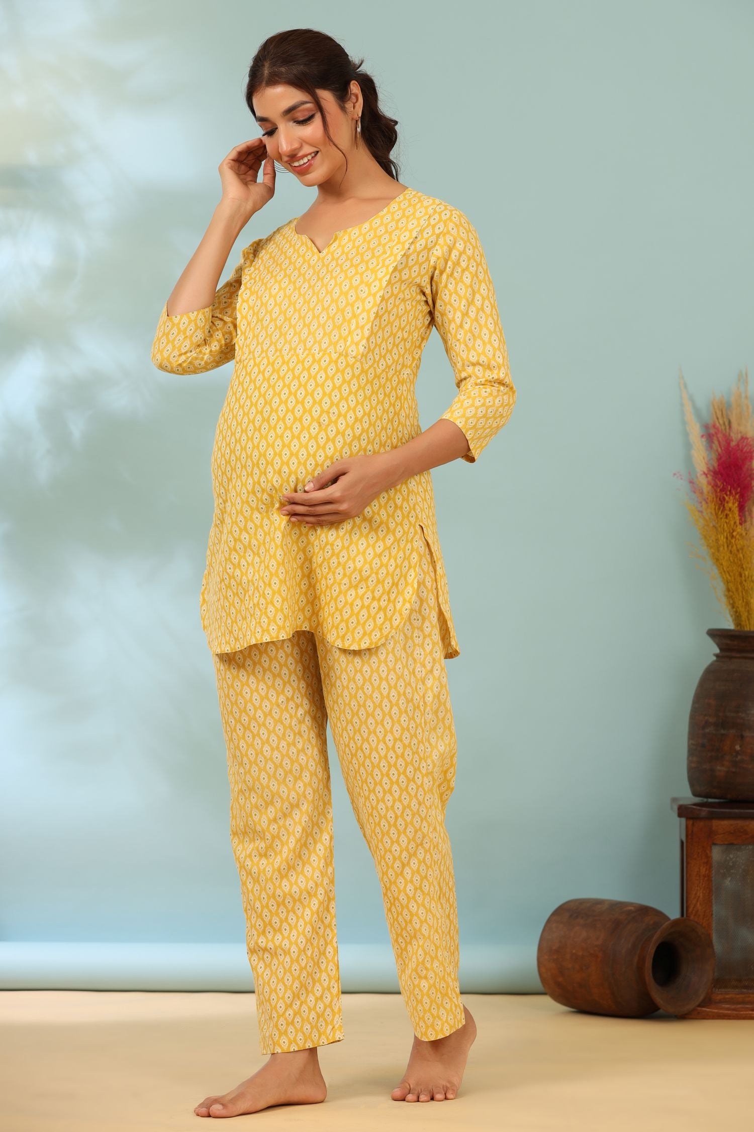 Lemon Yellow Cotton Maternity - Nursing Co-ord Set