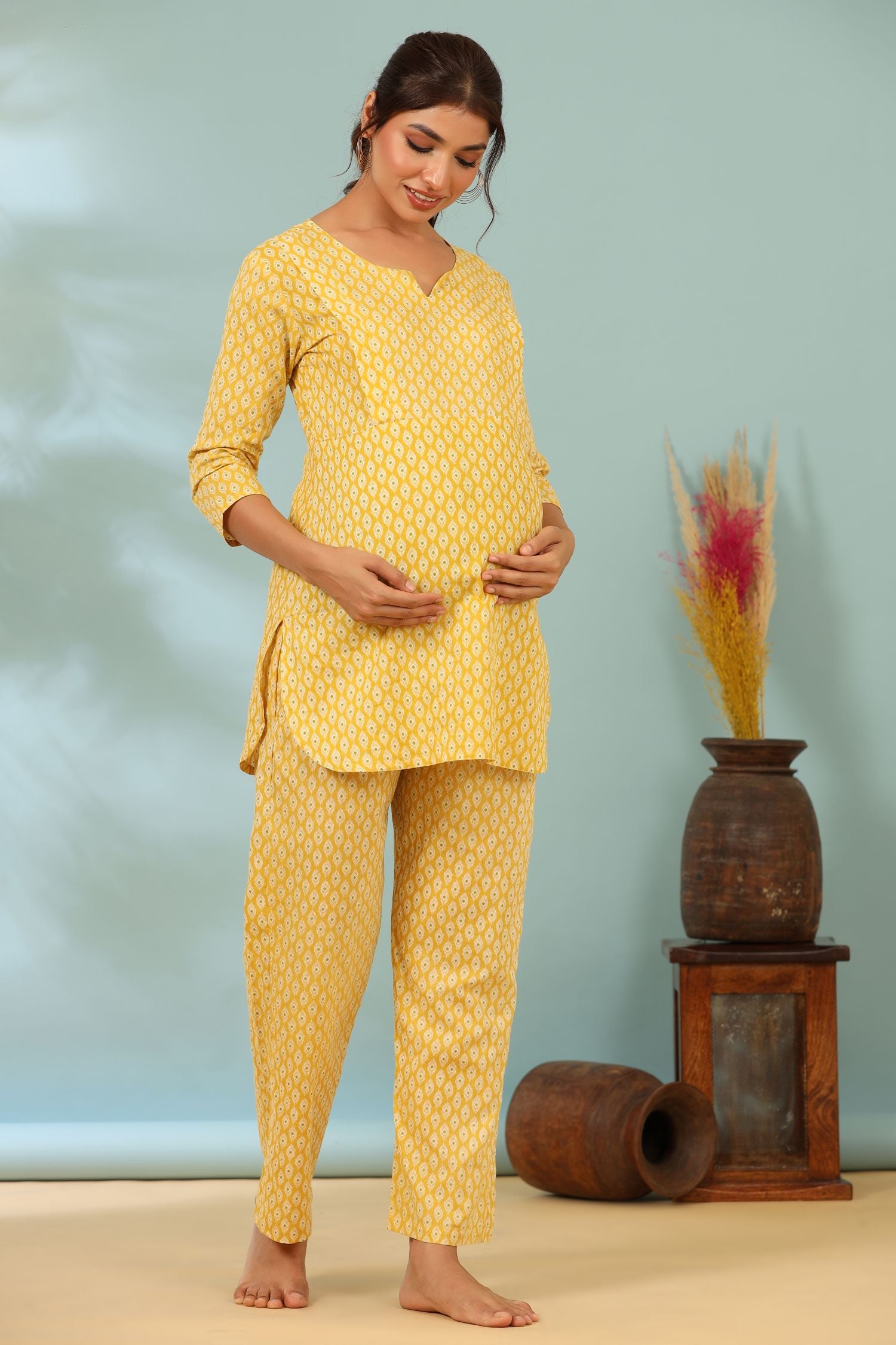 Lemon Yellow Cotton Maternity - Nursing Co-ord Set